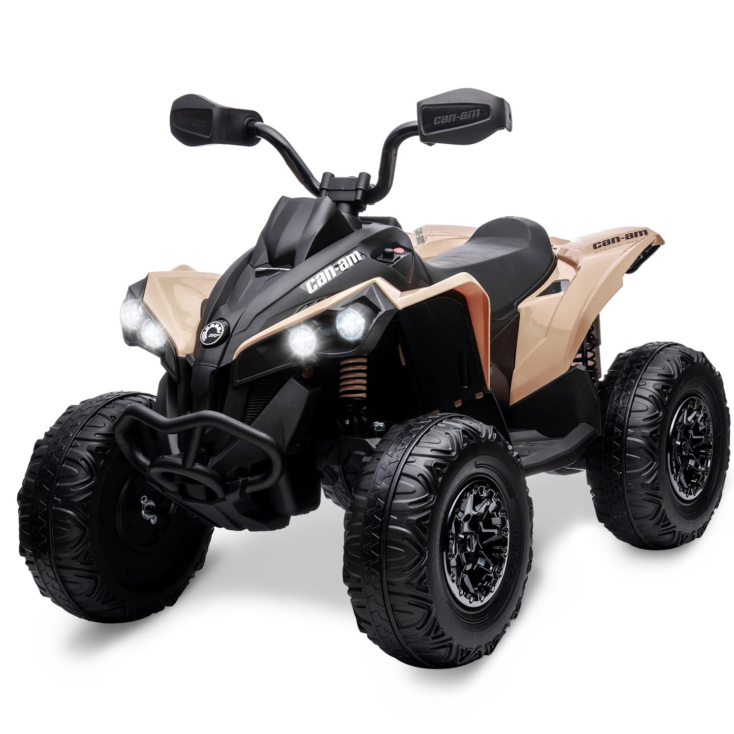 Garvee Ride - P Series: 12V Ride on Toy Car Bombardier Licensed BRP Can-am 4 Wheeler Quad Electric Vehicle, w/LED Lights, Spring Suspension, Bluetooth, Music, USB, Treaded Tires, White - Khaki