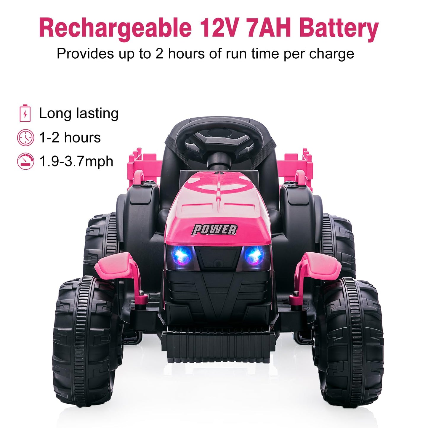 Garvee Ride - P Series: 12V Kids Ride On Tractor with Trailer, LED Lights for Boy Girl - Pink