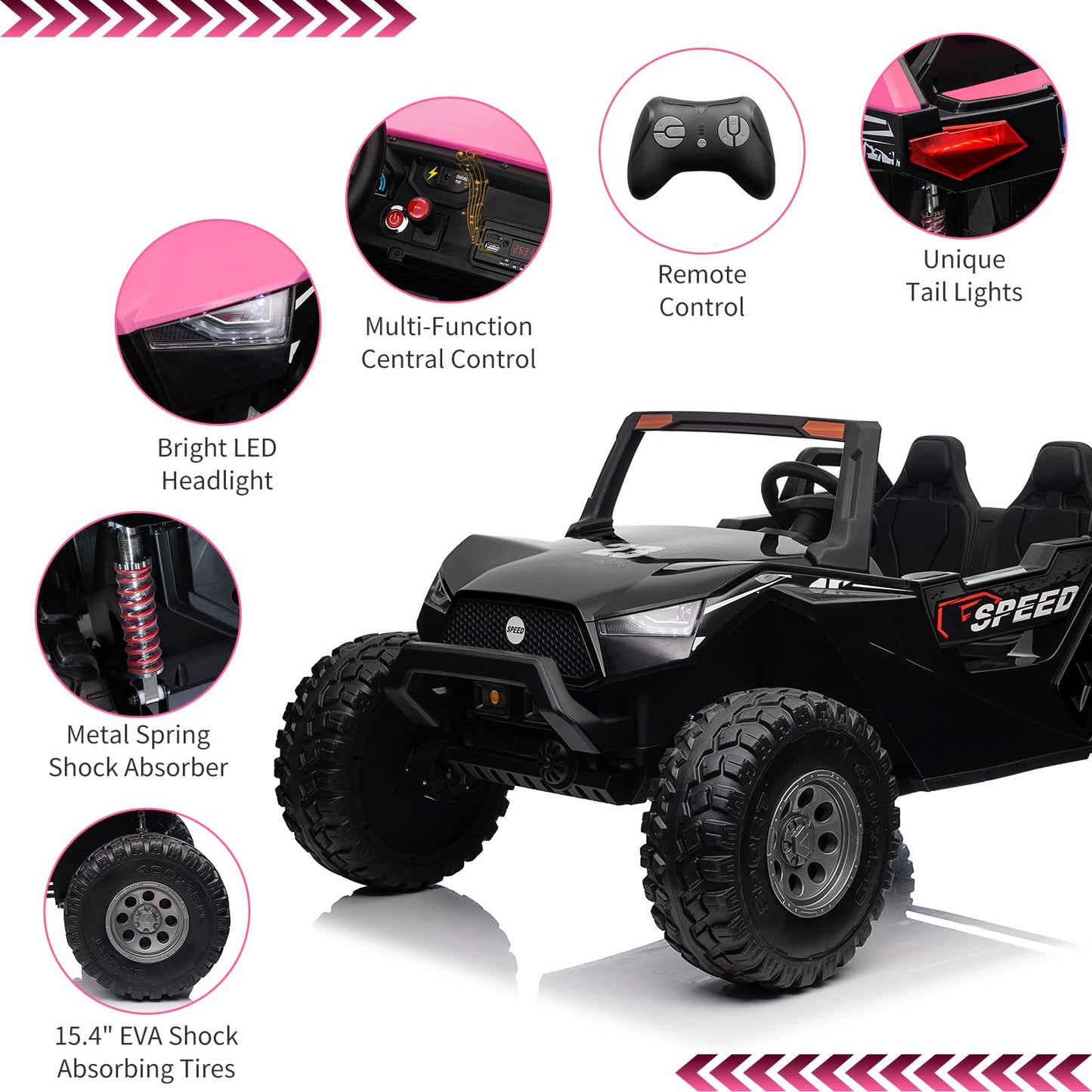 Garvee Ride - P Series: 24V 2-Seater Ride-On UTV: Remote Control, 4WD Motors, 21" Seats + Foldable Seat, 15.4" EVA Wheels, Music, LED Lights, 140lb Max Load - Pink