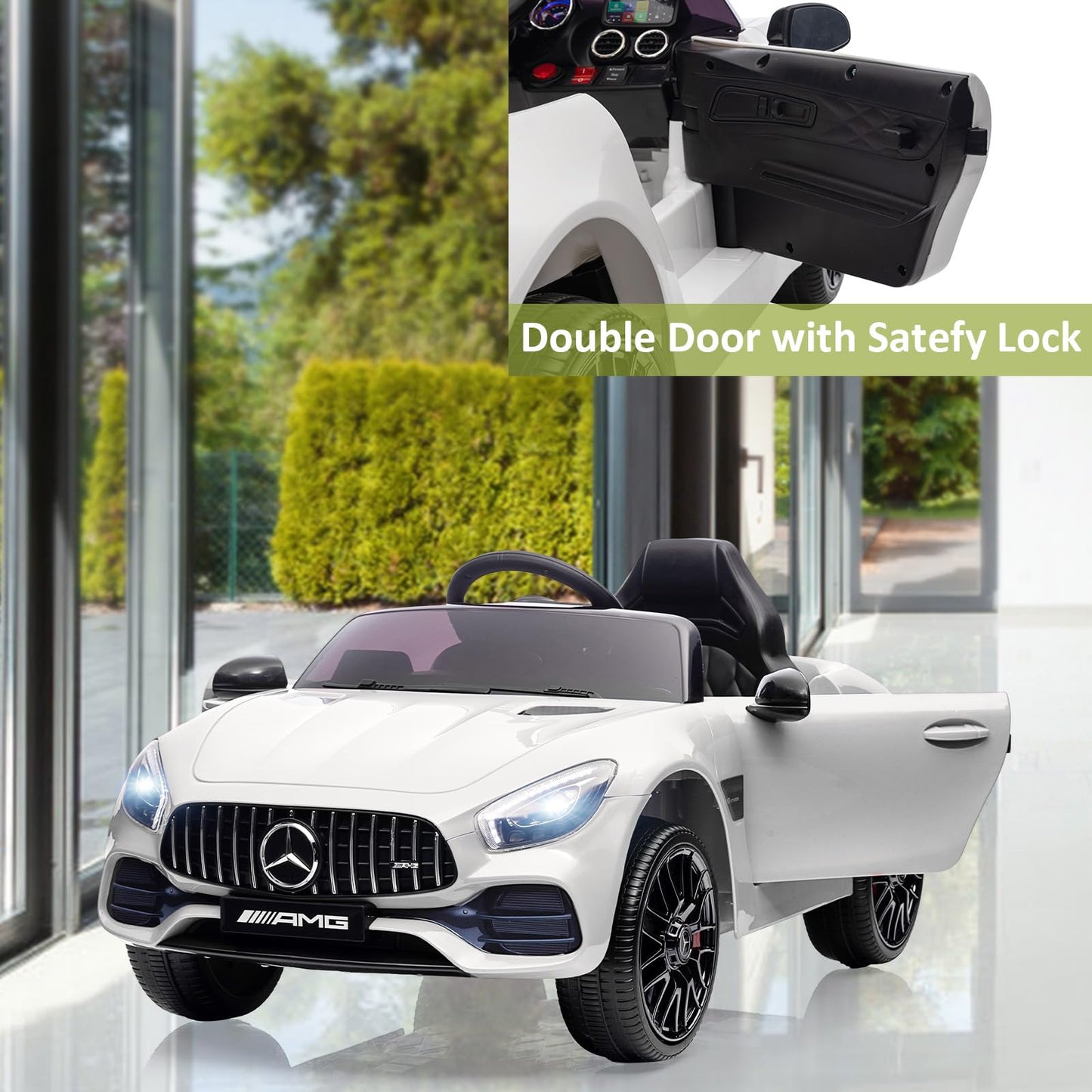 Garvee Ride Car for Kids, 12V Power Battery Electric Vehicles for 3-7 Toddlers, Licensed Mercedes-Benz with Remote Control, MP3 Player - White