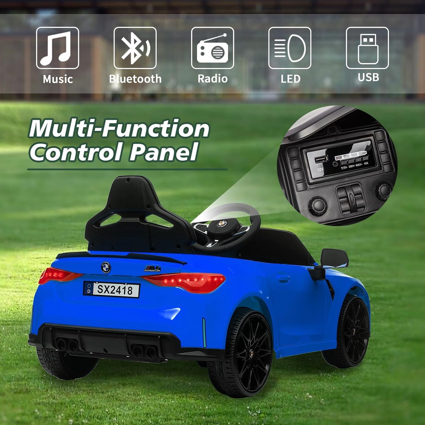 Garvee Ride - P Series: 12V Electric Ride On Car for 37-83 Months, w/RC,Licensed by BMW M4,Power Wheels for Boys Girls, with Suspension System,3 Speeds, Bluetooth, MP3, Double Door, LED Light - Blue