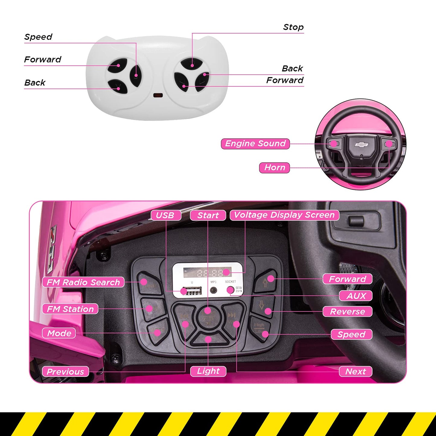 Garvee Ride - P Series: 12V Ride on Car with Remote Control, Battery Powered Licensed Chevrolet Silverado GMC Kids Ride On Truck, Toddler Electric Vehicles Toys,Music,FM,Bluetooth, Spring Suspension, LED Light - Pink