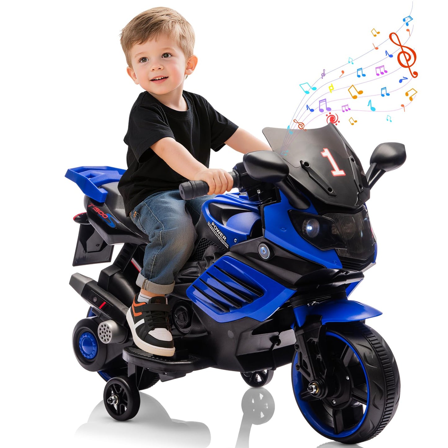Garvee Kids 6V Ride On Motorcycle Battery Powered Ride On Toys with Training Wheels for Toddlers Blue 30.31" L x 14.96" W x 19.69" H