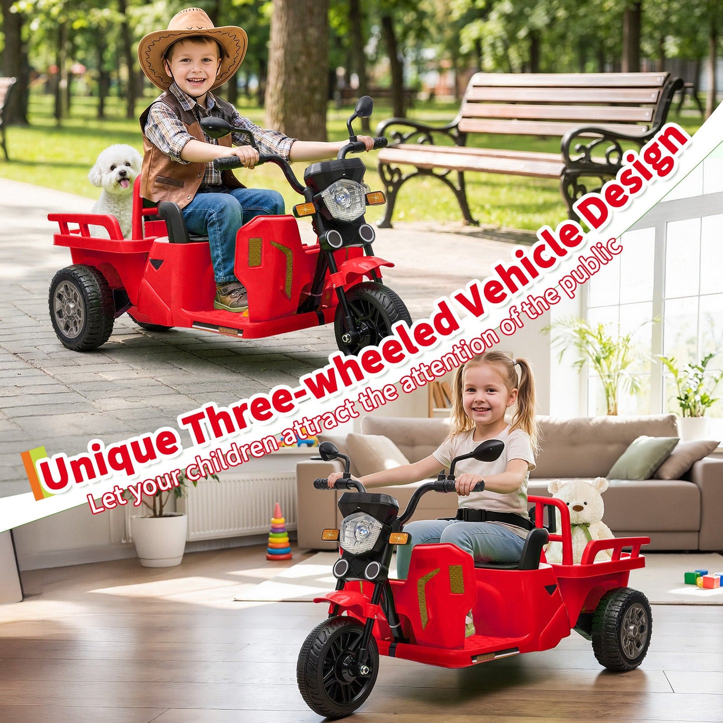 Garvee Ride P Series 3-Wheels Electric Tricycle w/Trailer, 12V Battery Powered Kids Motorcycle with Sand Shovel, 2x55W Motors, Bluetooth, Music, Headlight, Ride on Motorcycle for Kids Toddlers, Gift for Boys Girls,  Red