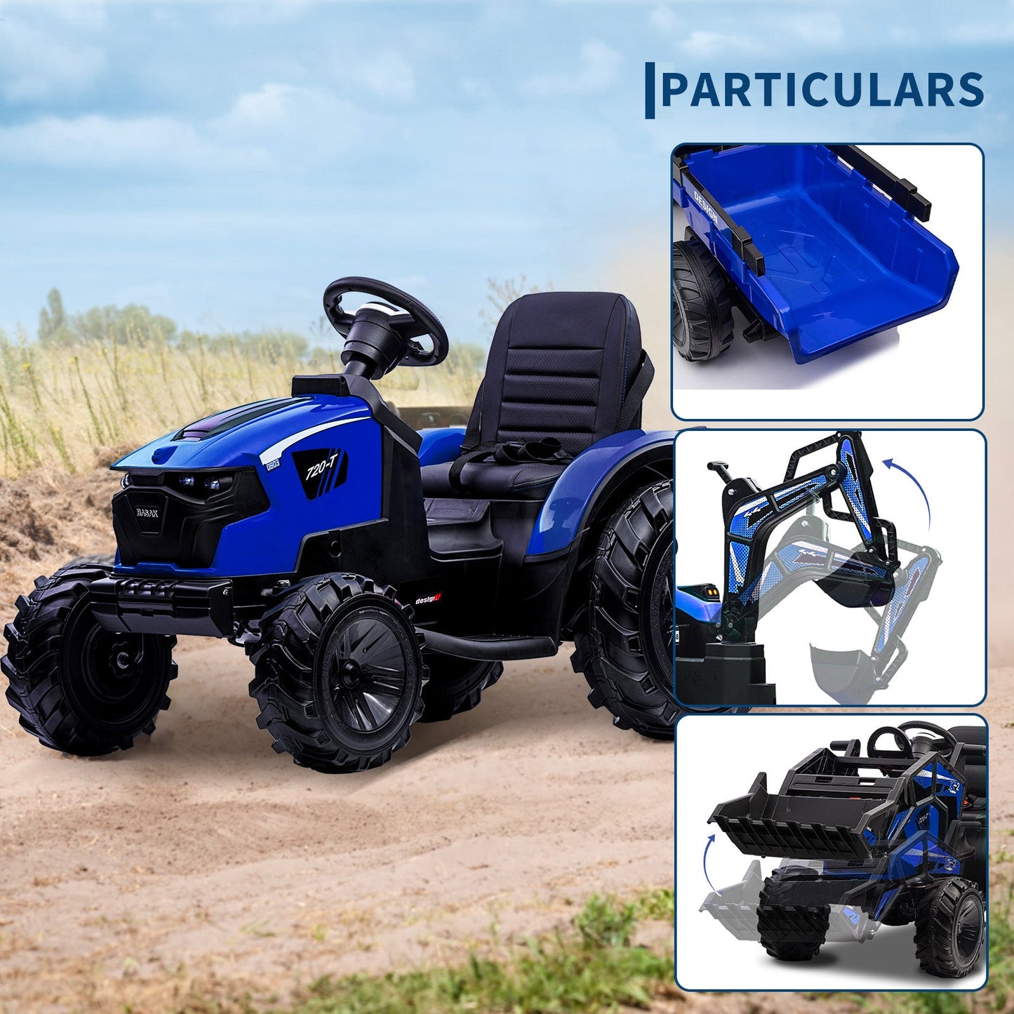 Garvee Ride P Series 3-in-1 Ride-On Tractor, 24V Electric, Excavator & Bulldozer, Remote Control, LED, Music, USB/Bluetooth max 66 lbs - Bright-blue
