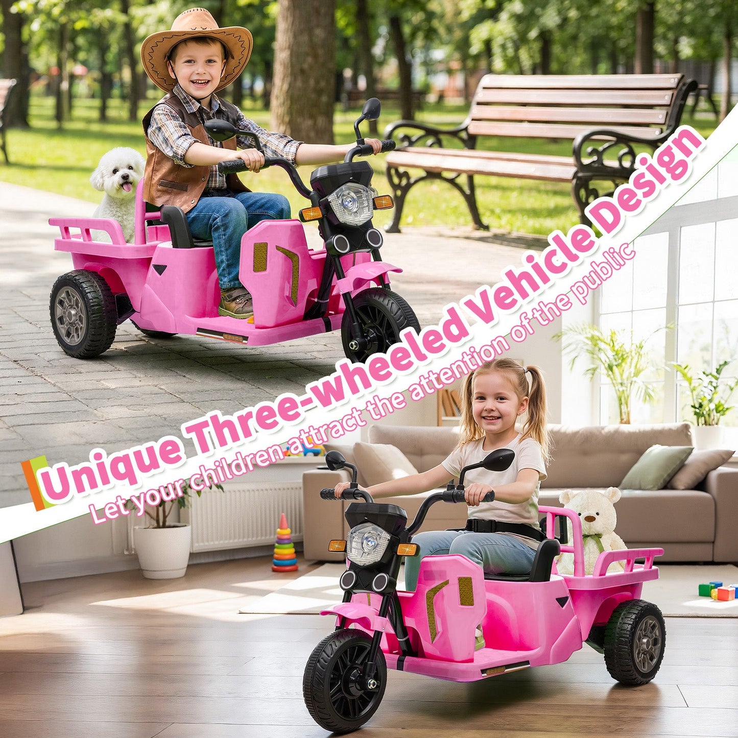 Garvee Ride P Series 3-Wheels Electric Tricycle w/Trailer, 12V Battery Powered Kids Motorcycle with Sand Shovel, 2x55W Motors, Bluetooth, Music, Headlight, Ride on Motorcycle for Kids Toddlers, Gift for Boys Girls, Pink