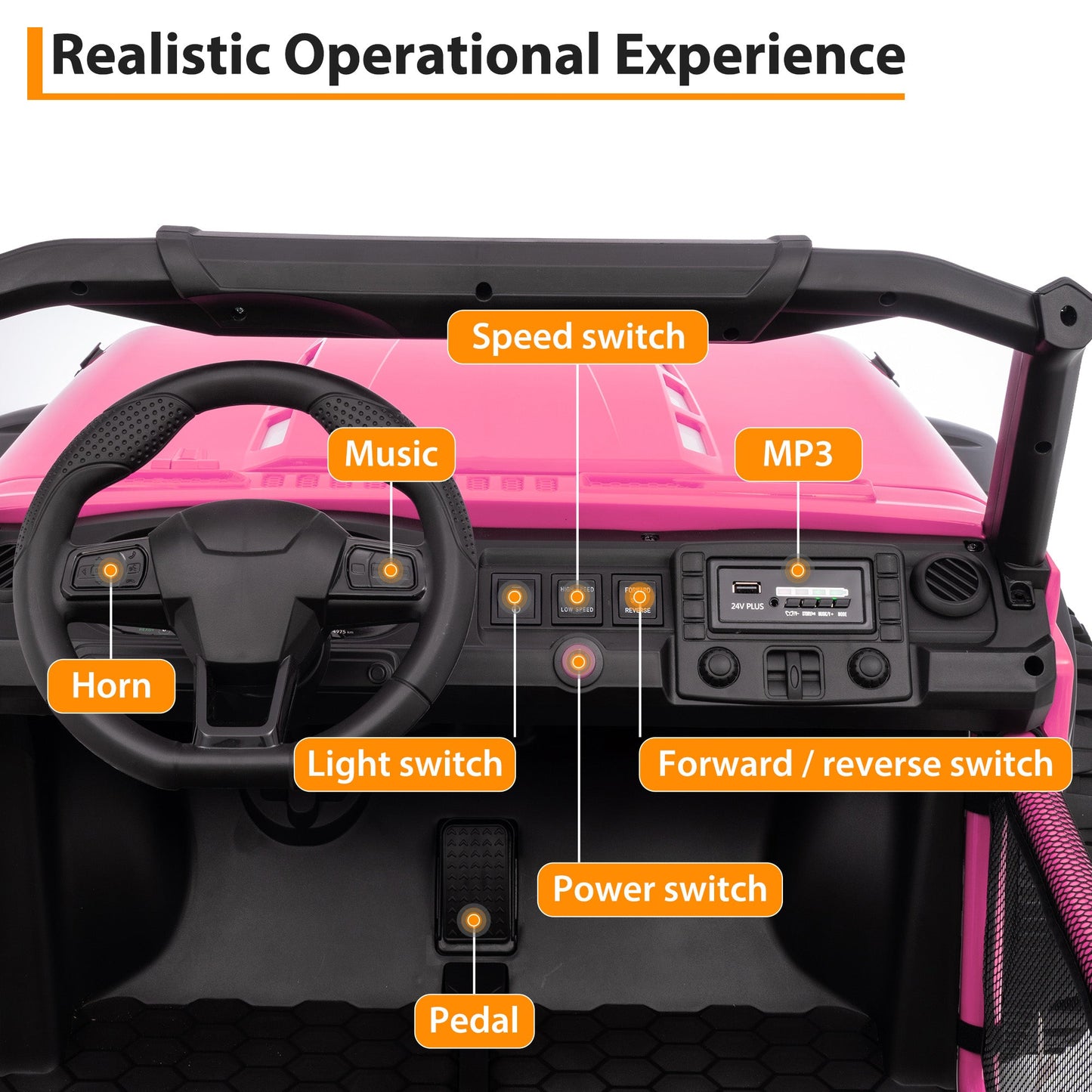 Garvee Ride P Series 24V Kids Toddler Ride On Truck 4WD 3 Speeds Large 7AH Battery Bluetooth MP3 Parent Safety Brake Red Outdoor Play - Pink