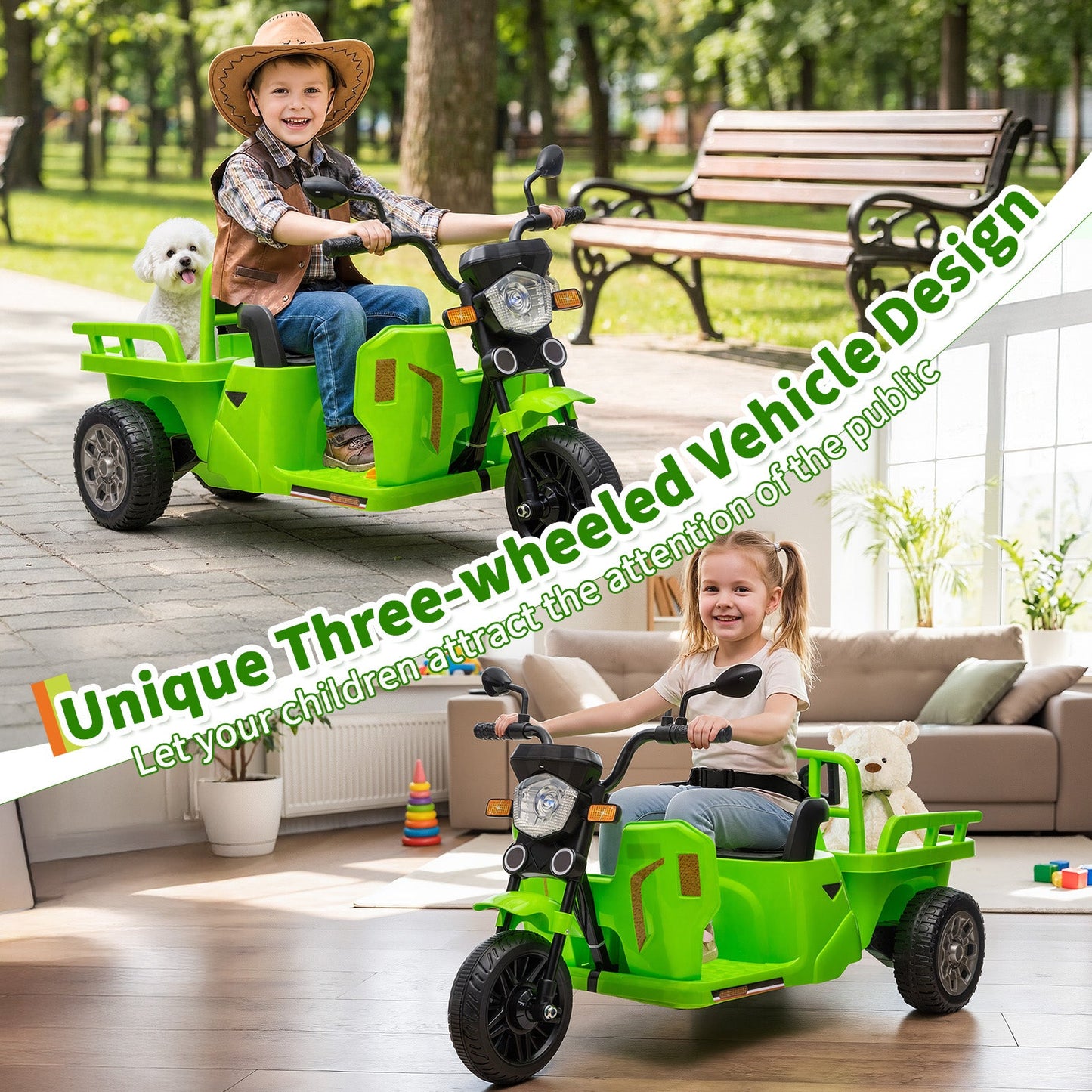 Garvee Ride P Series 3-Wheels Electric Tricycle w/Trailer, 12V Battery Powered Kids Motorcycle with Sand Shovel, 2x55W Motors, Bluetooth, Music, Headlight, Ride on Motorcycle for Kids Toddlers, Gift for Boys Girls, Green