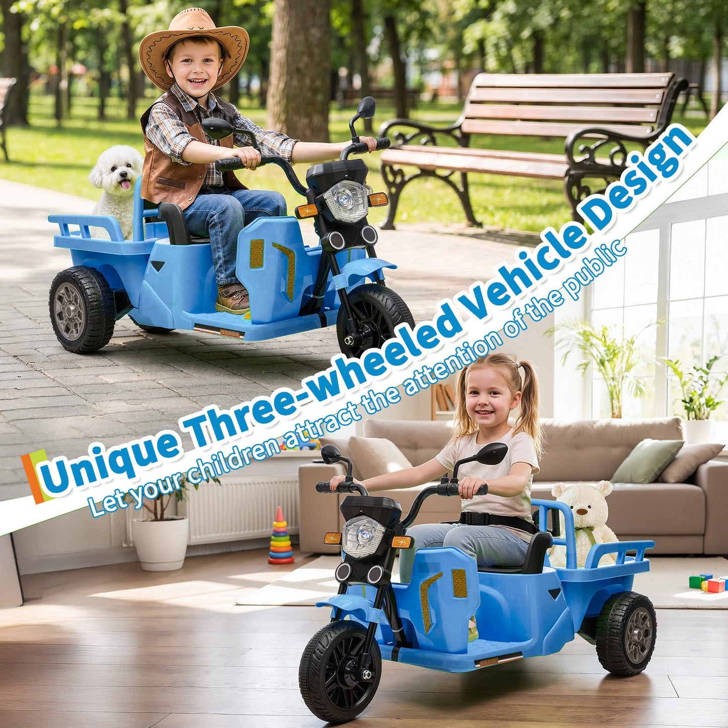 Garvee Ride P Series 3-Wheels Electric Tricycle w/Trailer, 12V Battery Powered Kids Motorcycle with Sand Shovel, 2x55W Motors, Bluetooth, Music, Headlight, Ride on Motorcycle for Kids Toddlers, Gift for Boys Girls, Light Blue