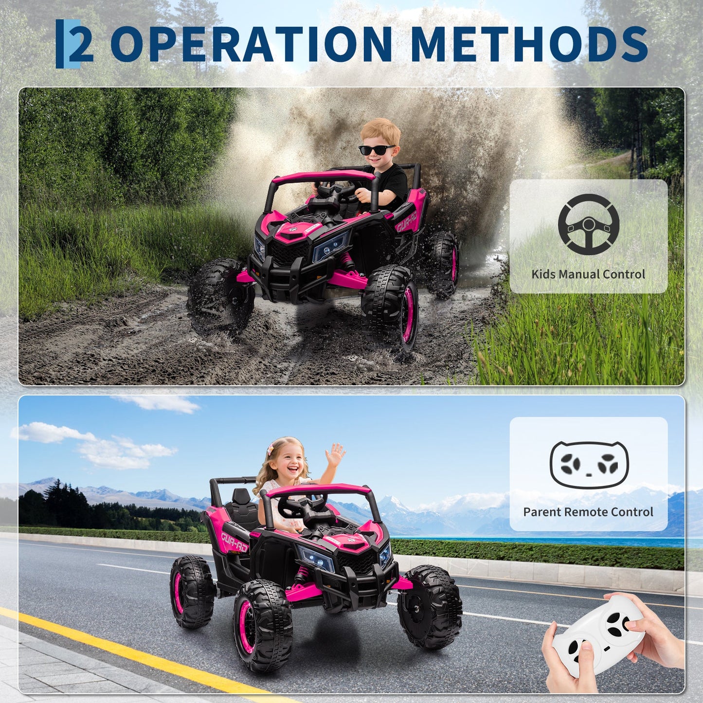 Garvee Ride - P Series: 24V Ride-On UTV: Remote Control, 200W Motor, Spring Suspension, Music, LED Lights, for Boys & Girls - Rose