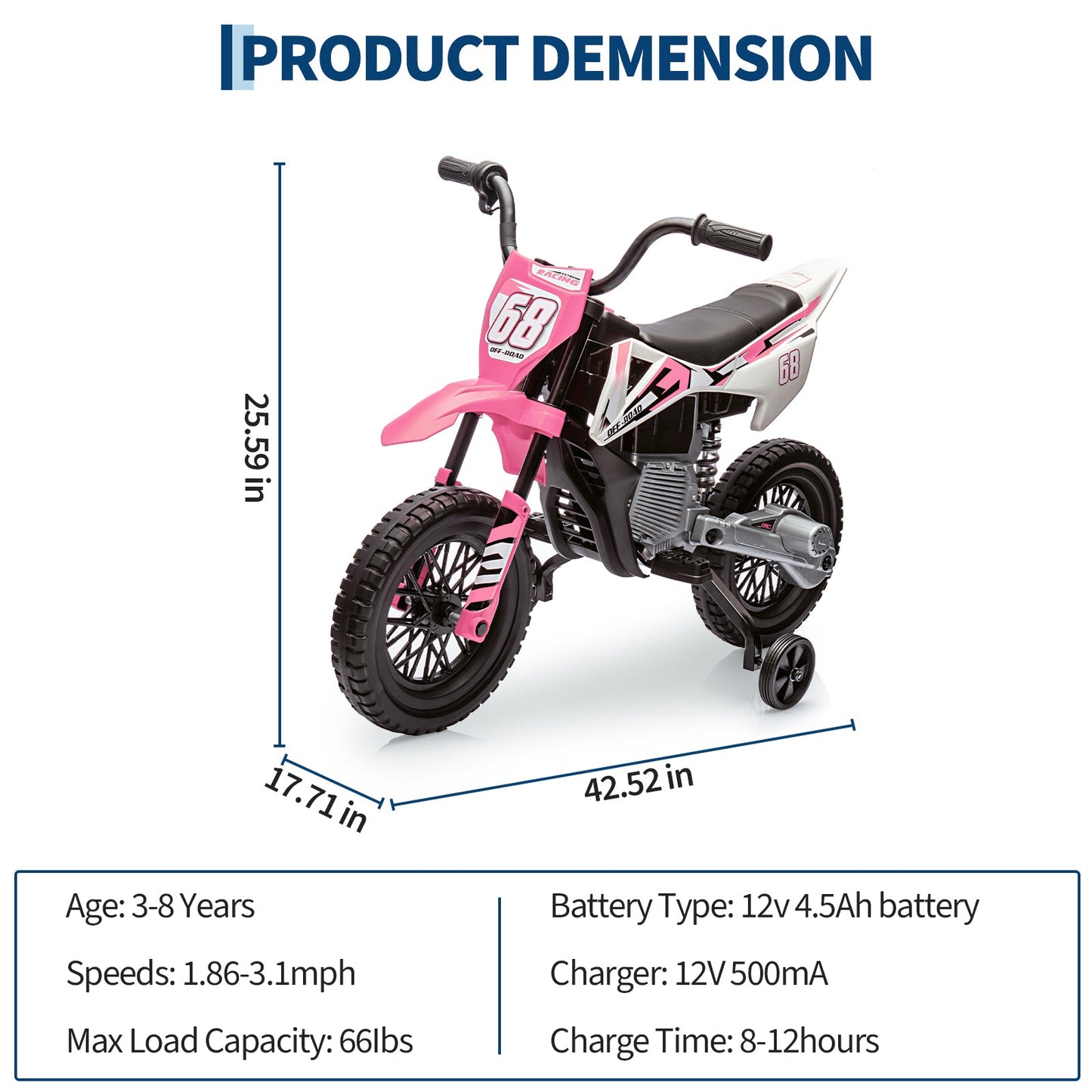 Garvee Ride - P Series: 12V Kids Electric Dirt Bike, 25W*2 Motor, Twist Grip Throttle, Spring Suspension, Training Wheels, Ride-On Toy - Pink