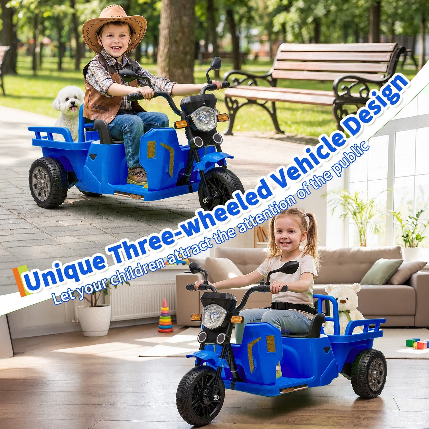 Garvee Ride P Series 3-Wheels Electric Tricycle w/Trailer, 12V Battery Powered Kids Motorcycle with Sand Shovel, 2x55W Motors, Bluetooth, Music, Headlight, Ride on Motorcycle for Kids Toddlers, Gift for Boys Girls, Dark Blue