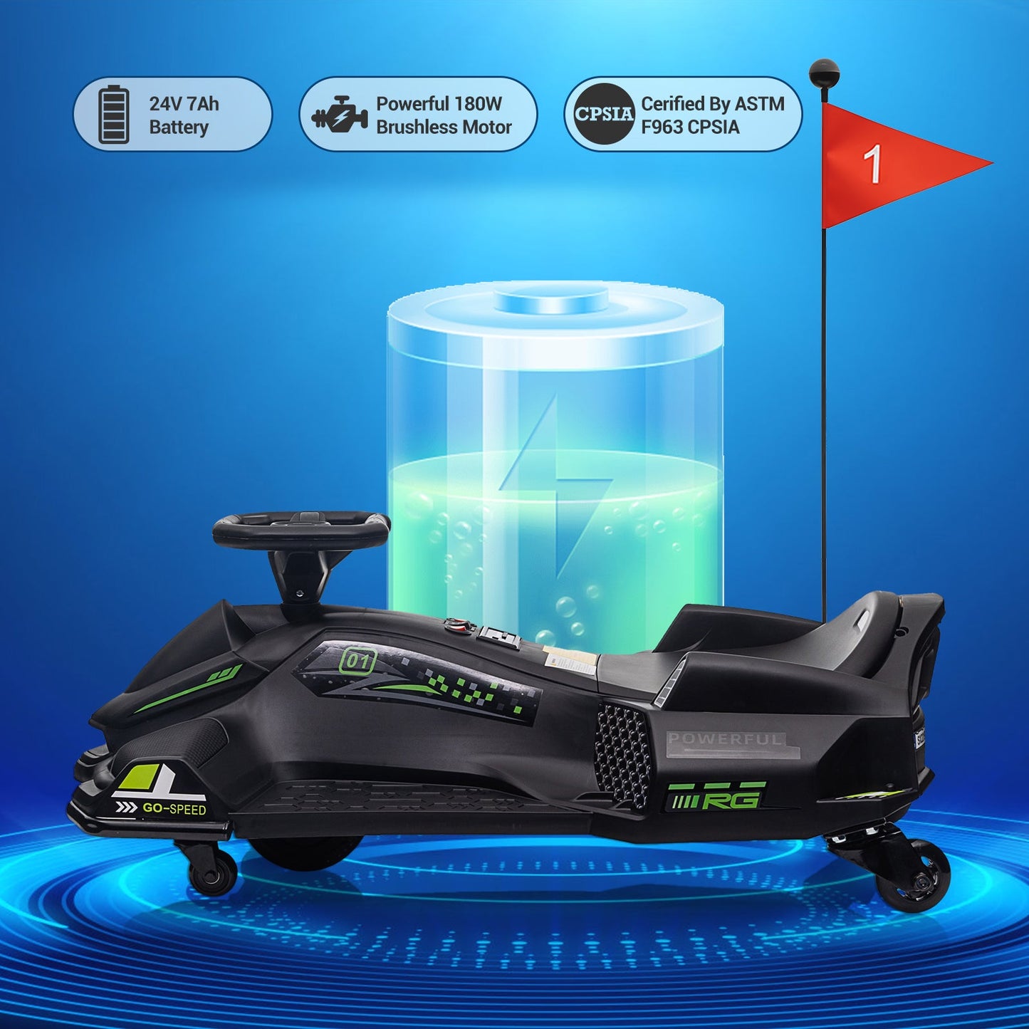 Garvee Ride - G Series: 24V Drift Go-Kart for Kids: Quality Metal, 7.5mph, LED, Music, for 8-12 Years Old - Black