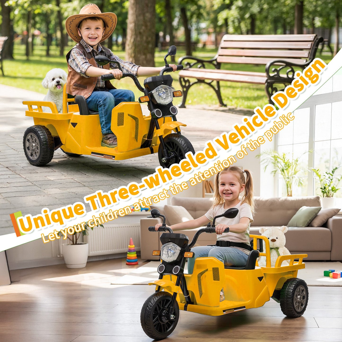 Garvee Ride P Series 3-Wheels Electric Tricycle w/Trailer, 12V Battery Powered Kids Motorcycle with Sand Shovel, 2x55W Motors, Bluetooth, Music, Headlight, Ride on Motorcycle for Kids Toddlers, Gift for Boys Girls, Yellow