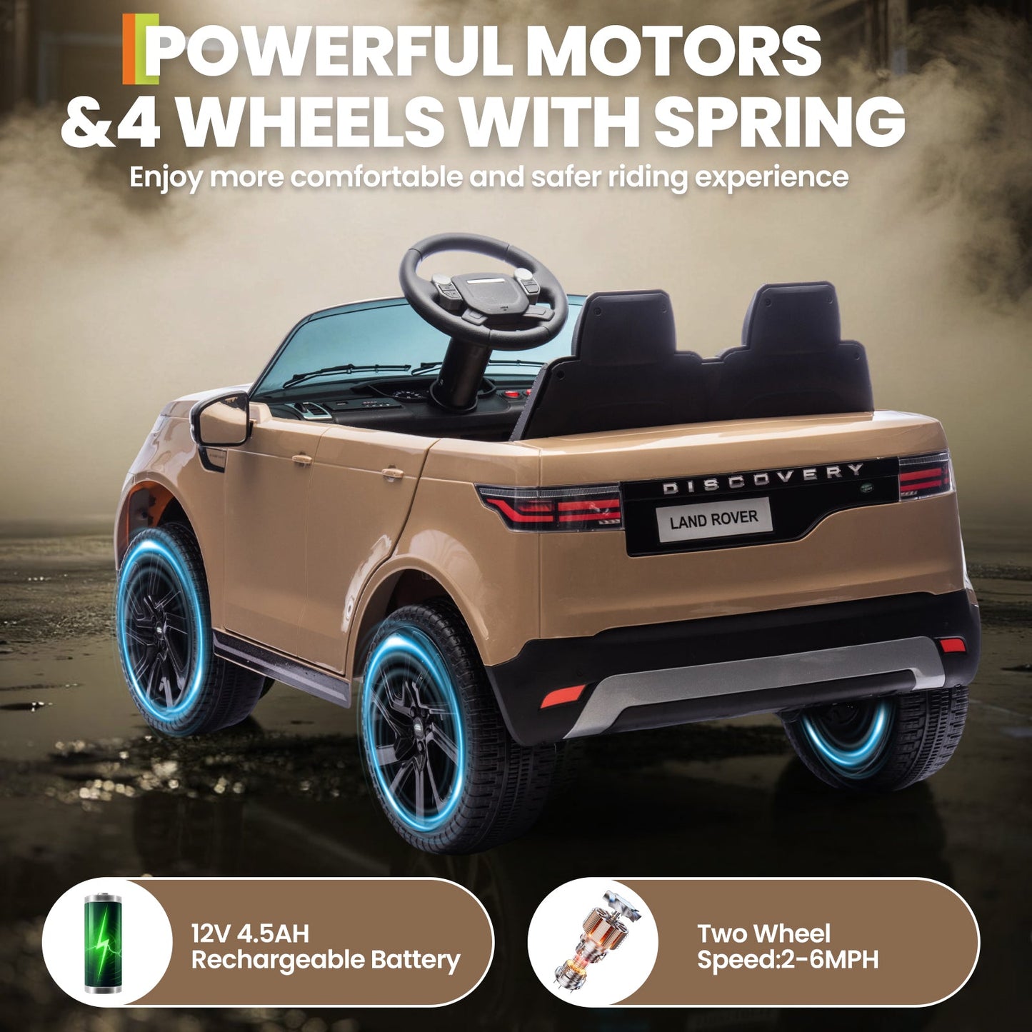 Garvee Ride P Series 12V Kids Ride On Car Land Rover Style Dual Motors 3 Speed Modes 4.5Ah Battery Safety Seatbelt Remote Control Black Outdoor Play - Brown