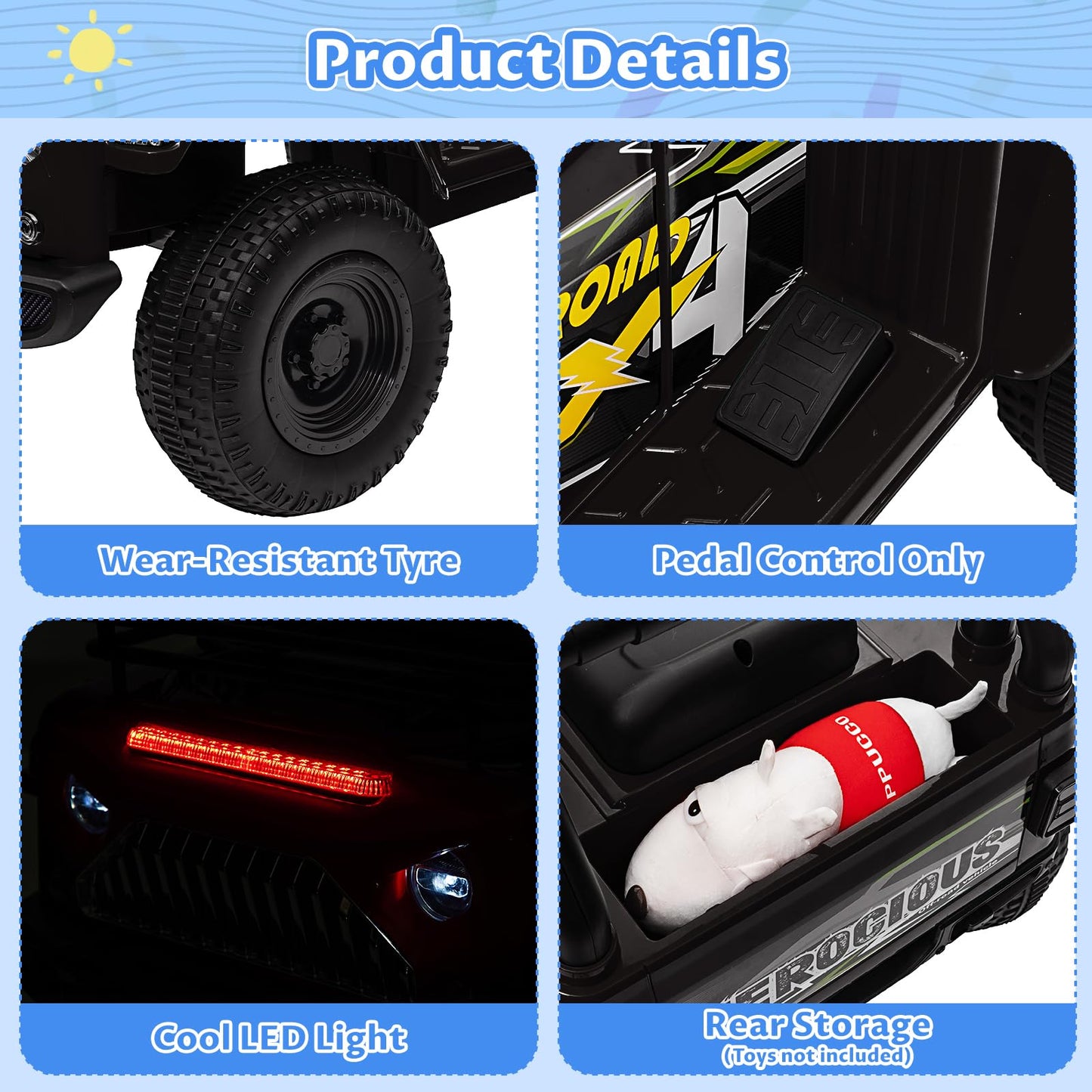 Garvee Ride - P Series: 6V Ride On Car for Toddlers - Battery Powered Electric Car with Music, LED Light, FM, Horn, Rear Storage, 4 Wheels - Black