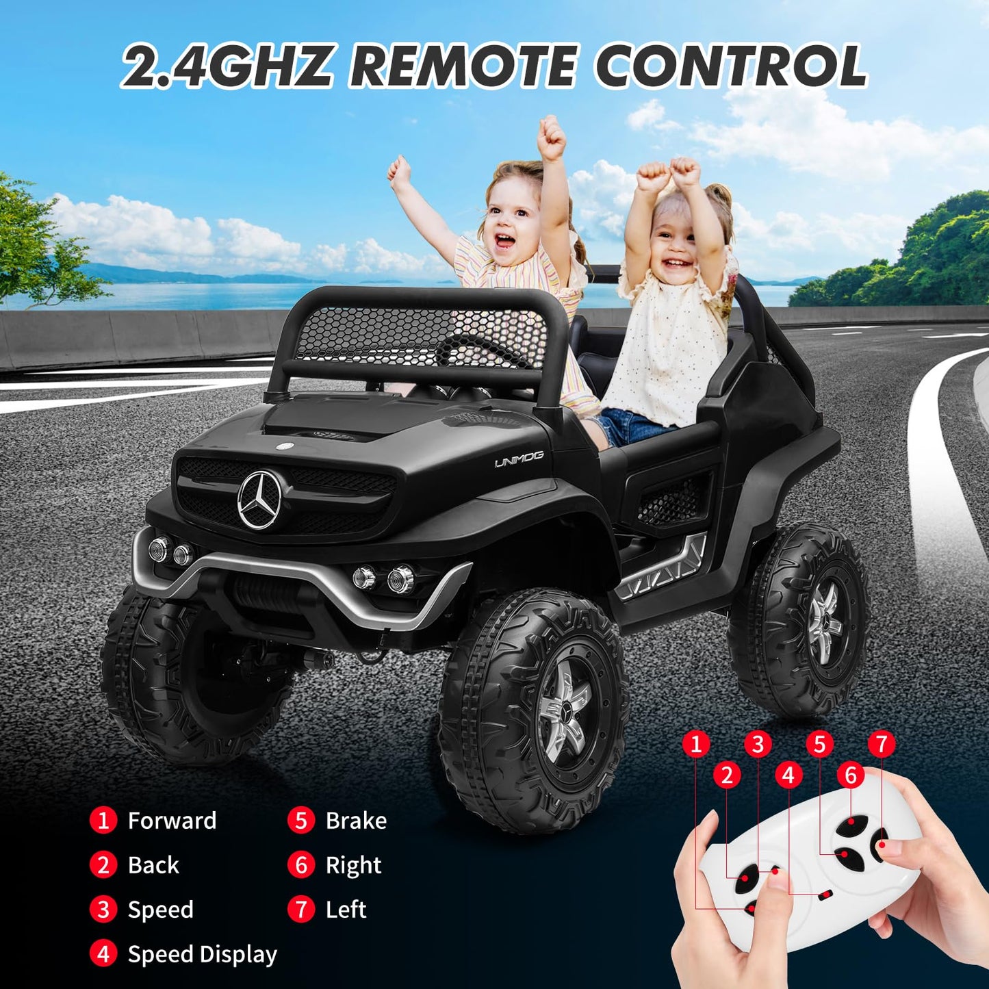 Garvee Ride - P Series: 2 Seater Kids Ride On Truck 24V Ride On Toy Licensed Mercedes Benz Battery Powered Electric Vehicle for Toddles With Remote Control, Battery Display, Trunk, Spring Suspension, Led Lights, Music, Black