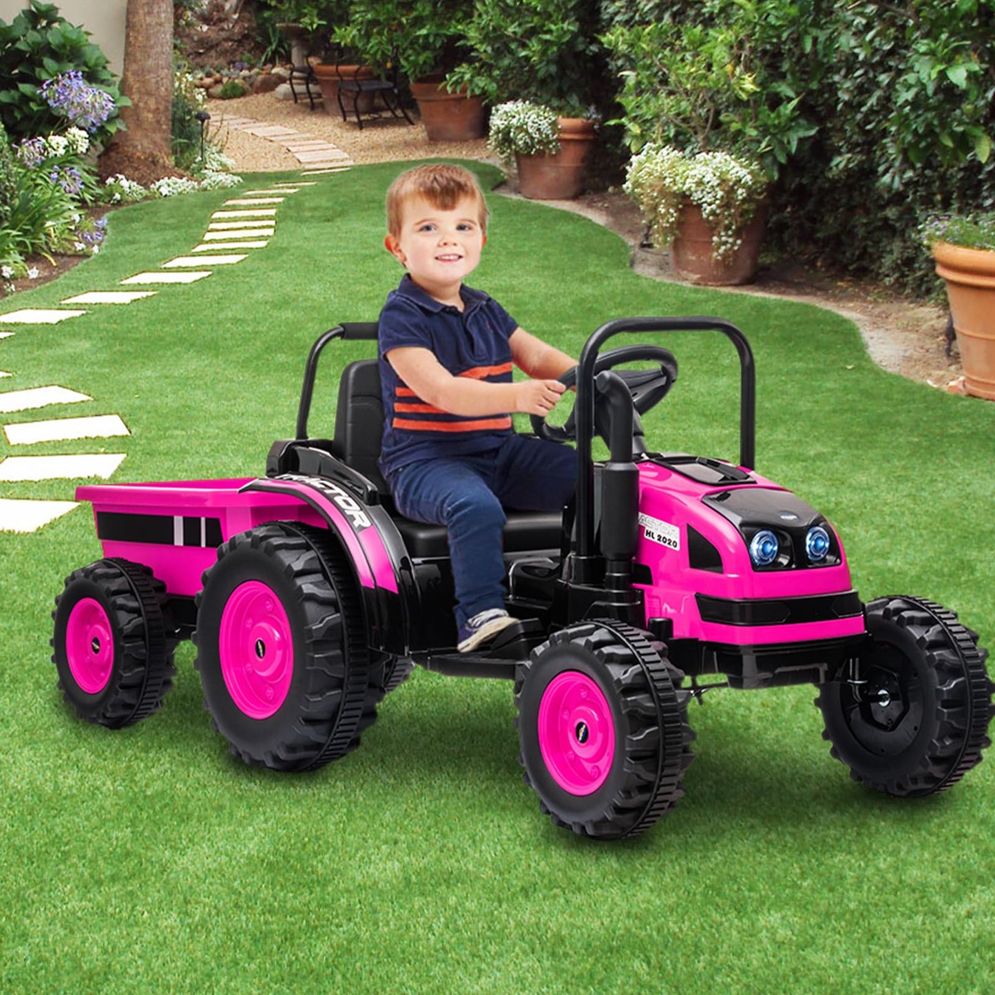 Garvee Ride - P Series: 12V Electric Ride-On Tractor for Kids with Trailer, Remote Control, Music, LED Lights, and Rear Wheel Suspension - Battery Powered Toy Vehicle - Pink