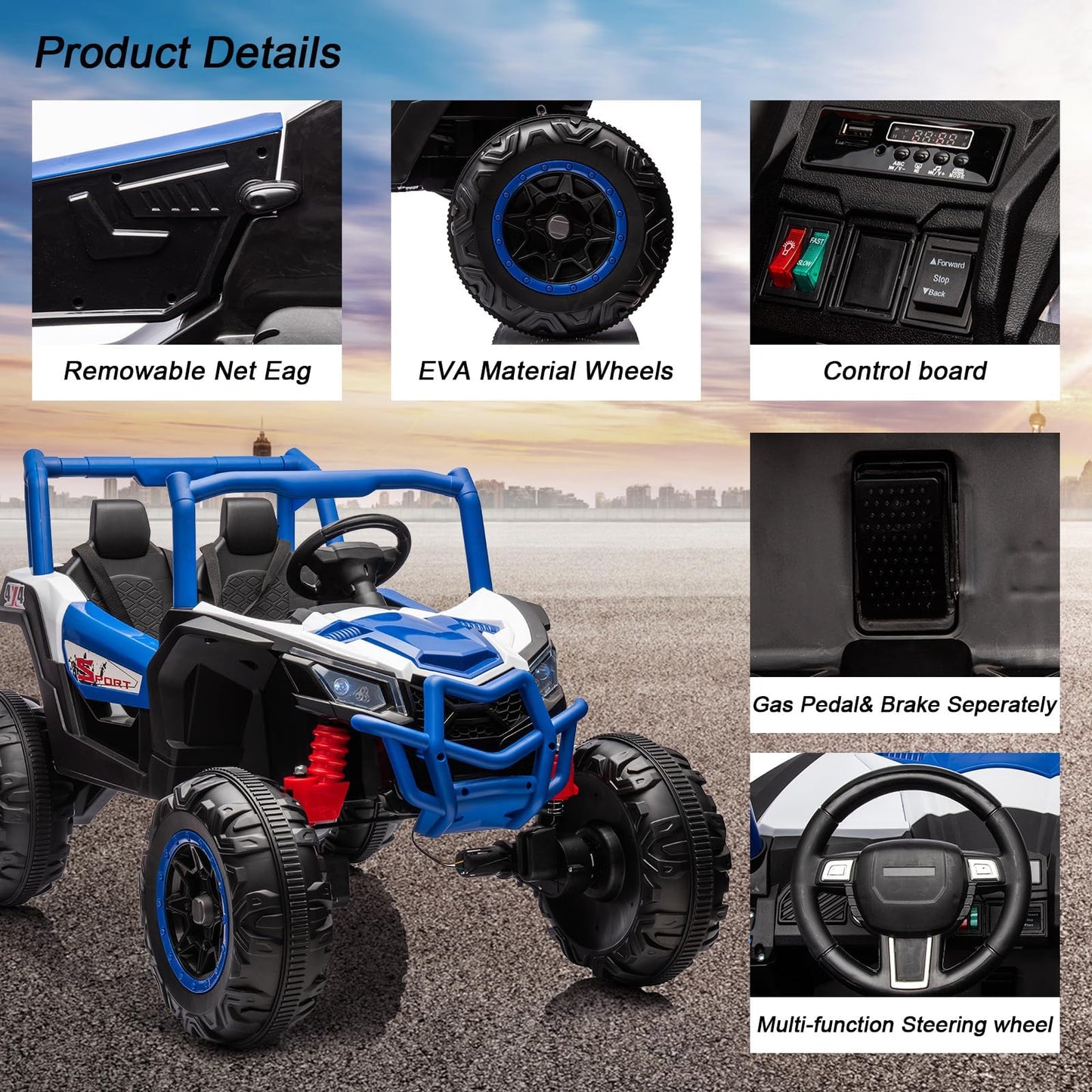 Garvee Ride - P Series: 2 Seater Ride on Car,12V Battery Powered Off-Road UTV Toy,Electric Car with Remote Control,Metal Frame,EVA Wheels,LED,Spring Suspension for 3-8 Boys&Girls - Blue