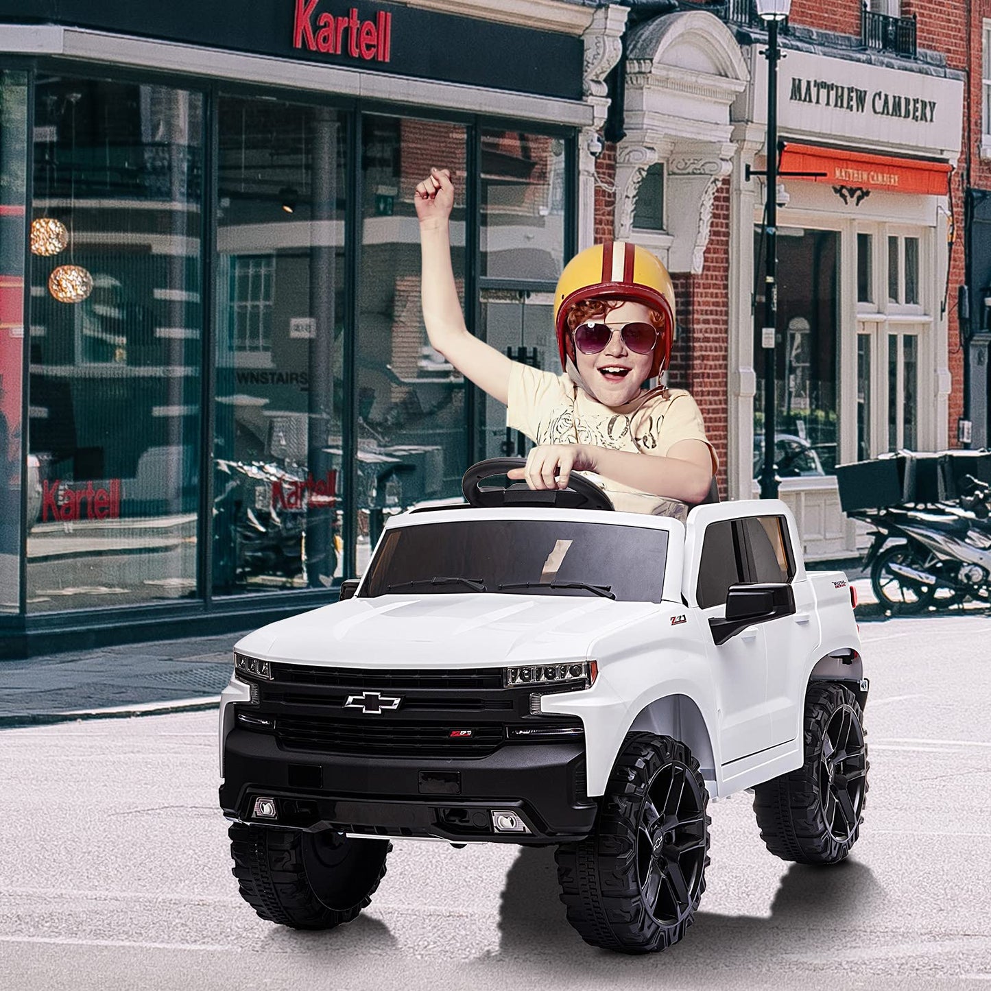 Garvee Ride - P Series: 12V Ride on Car with Remote Control, Battery Powered Licensed Chevrolet Silverado GMC Kids Ride On Truck, Toddler Electric Vehicles Toys,Music,FM,Bluetooth, Spring Suspension, LED Light - White