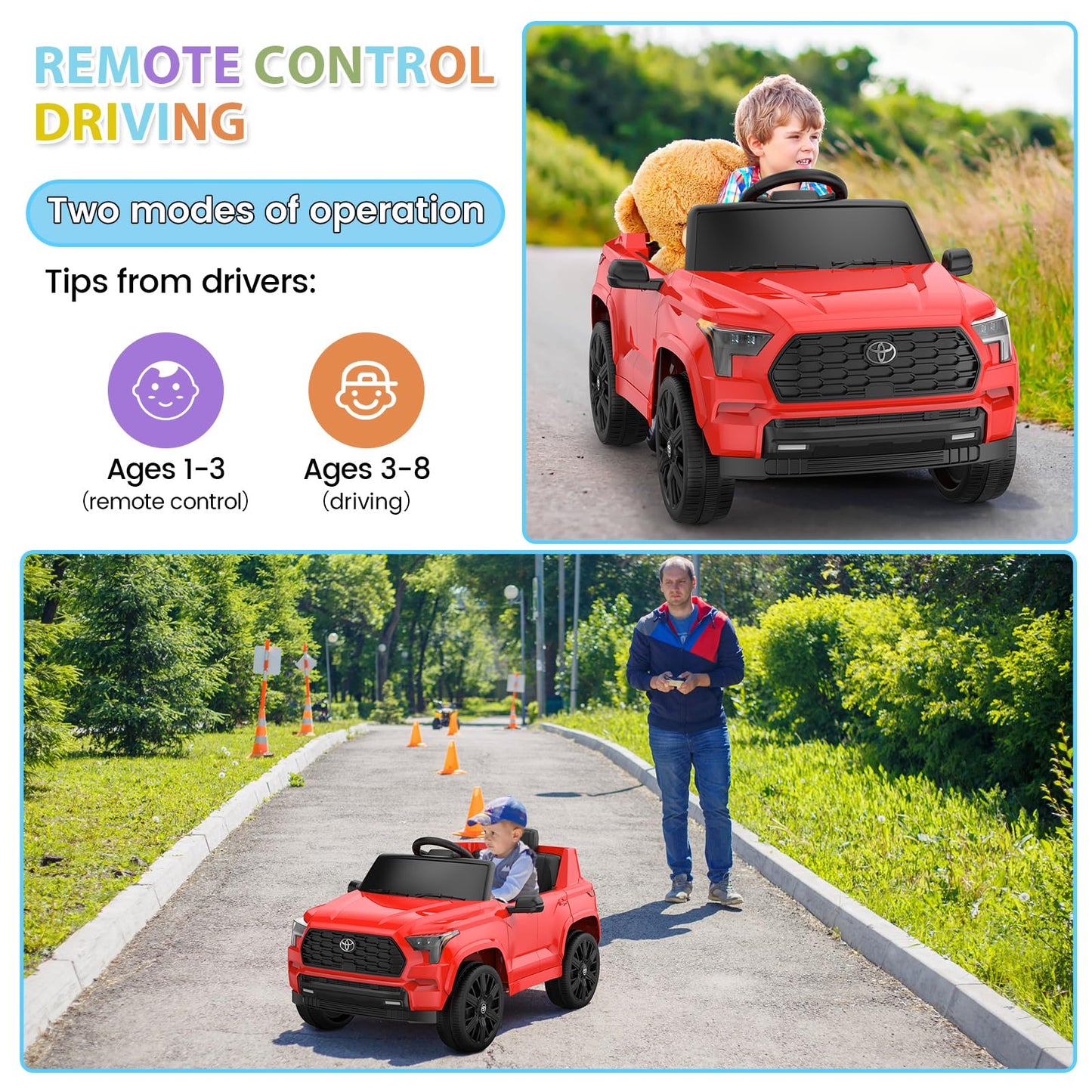Garvee Ride on Truck Car, 12V Licensed Toyota Electric Cars for Kids, Ride on Toys with Remote Control, Spring Suspension, LED Lights, Bluetooth, 3 Speeds - Red