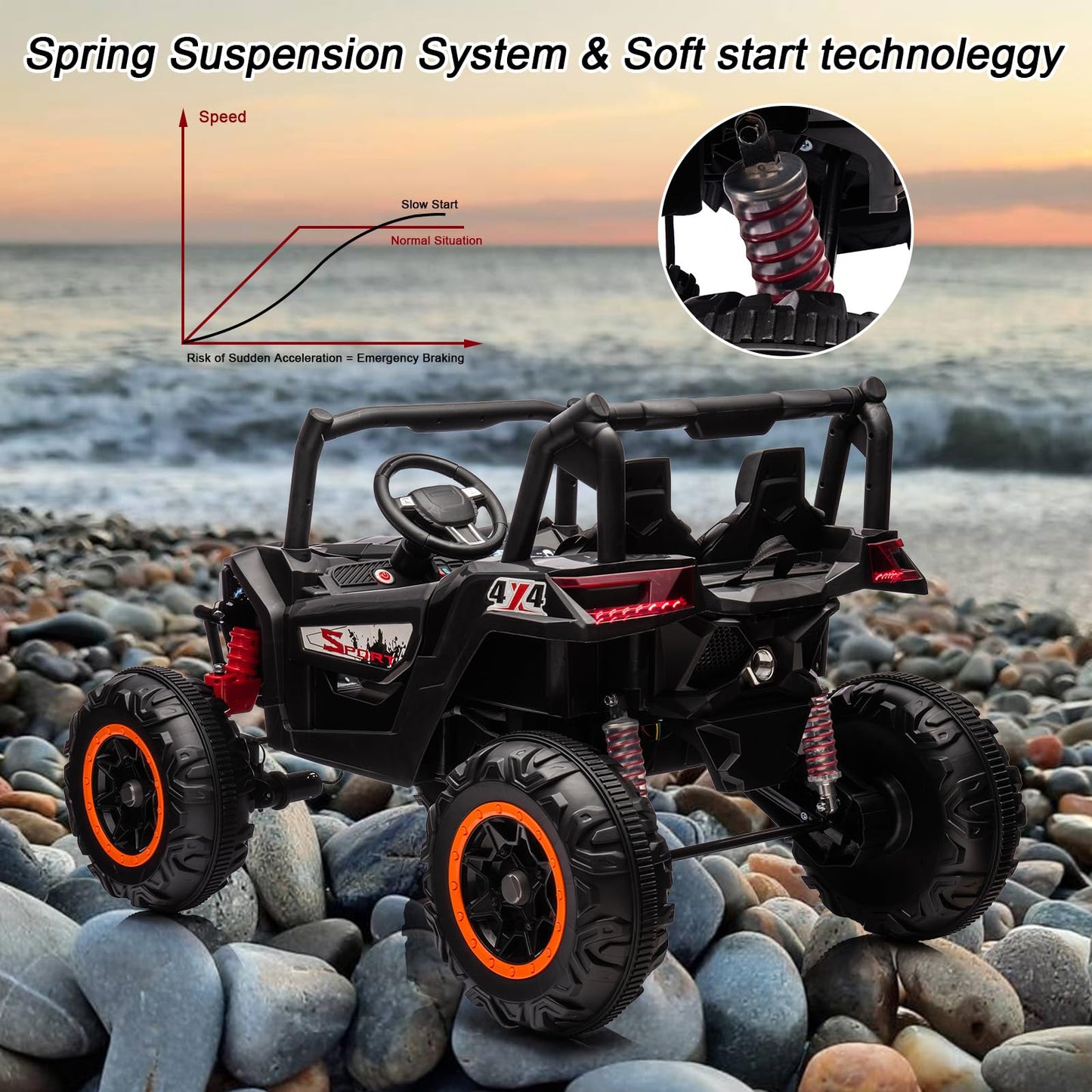 Garvee Ride - P Series: 24V 2-Seater Ride-On UTV: 4WD, Remote Control, Metal Frame, EVA Wheels, LED Lights, Spring Suspension, for Ages 3+ - Black