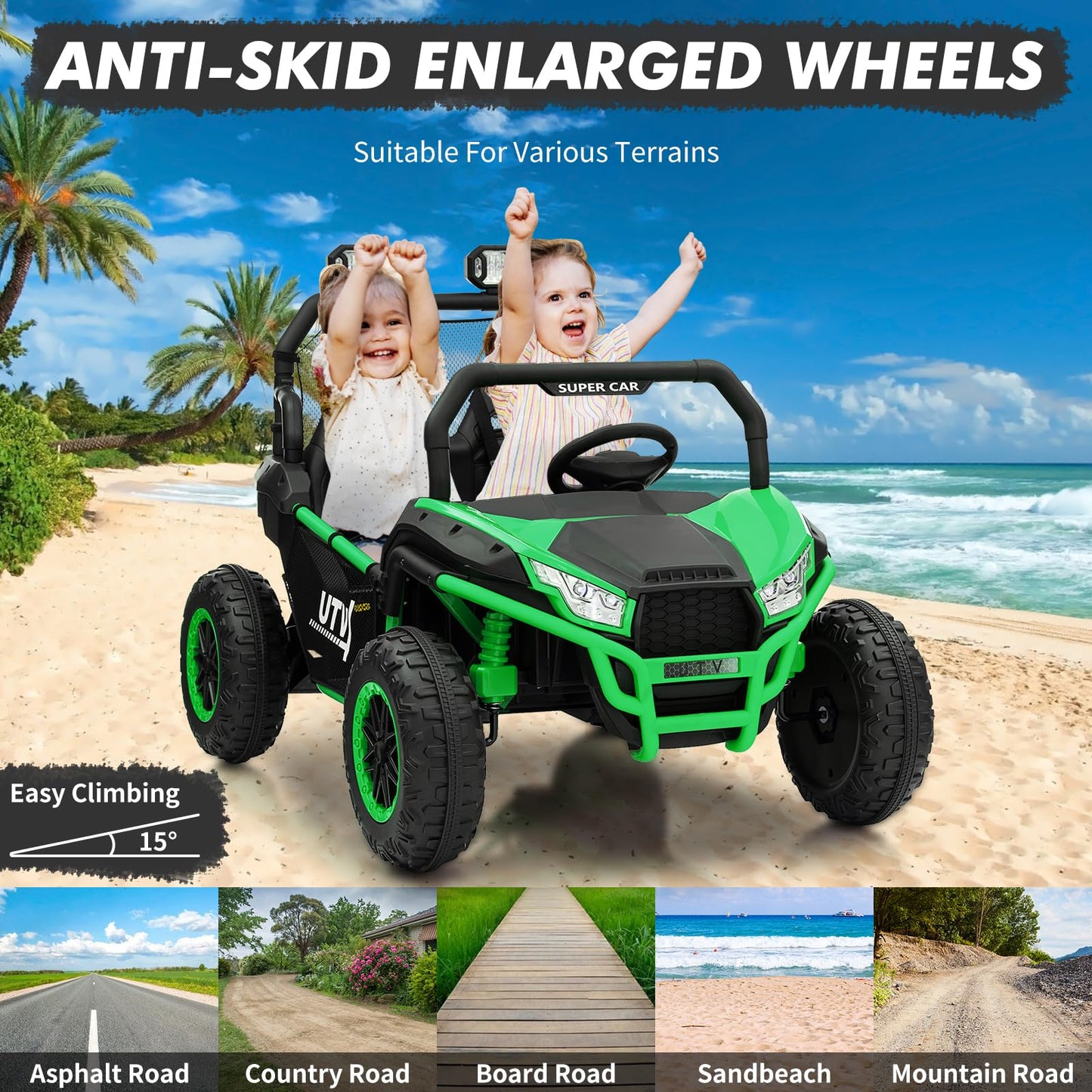 Garvee Ride - P Series: 24V 2 Seater Ride On Car, XXXL Off-Road Utv for Kids w/Metal Frame, 20 Inch Wide Seat, 400W Electric Vehicle Toy Car w/Pop Music, 3 Speeds for Boys and Girls,Green