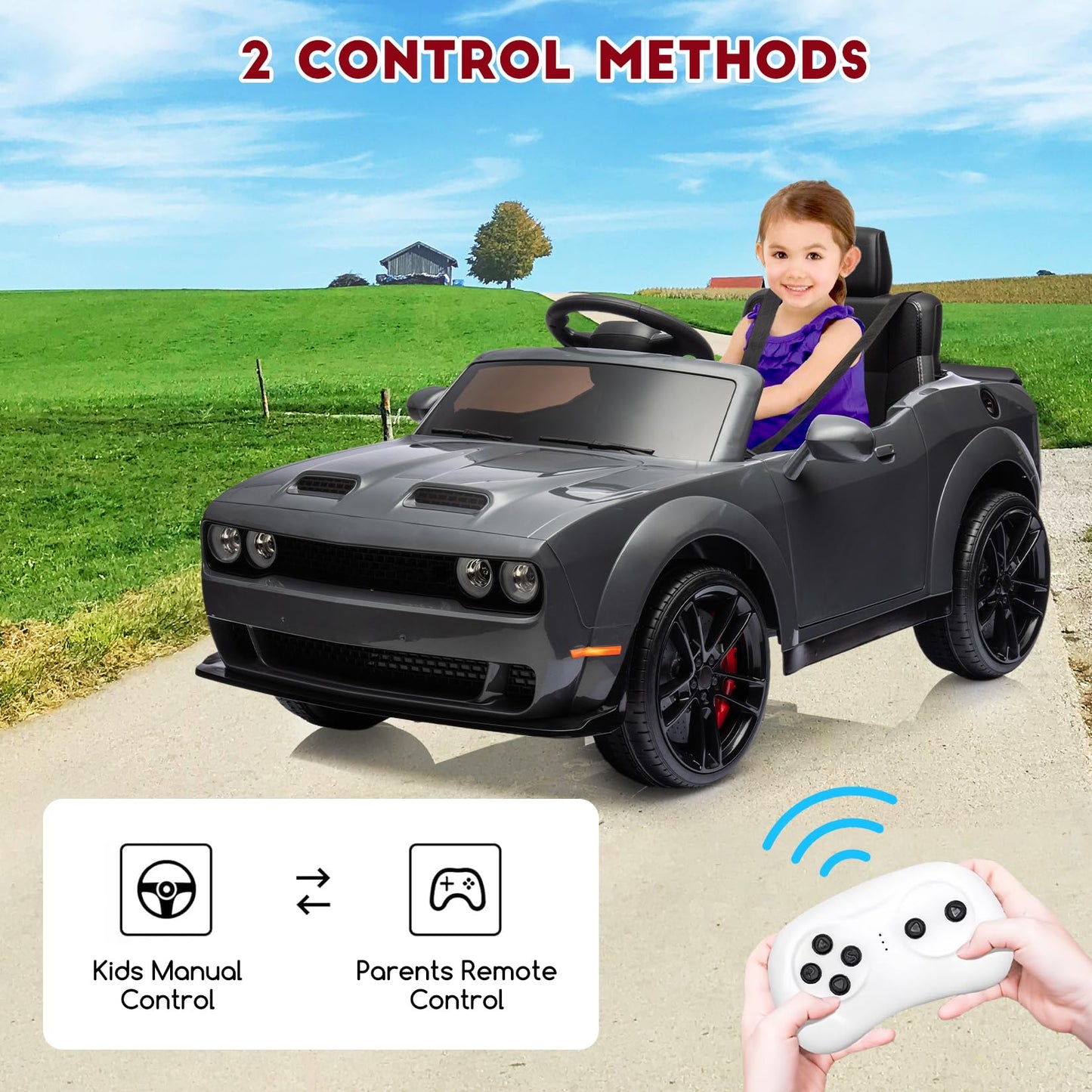 Garvee Ride - P Series: 12V Kids' Electric Ride On Car, Licensed Dodge Challenger Electric Car, Battery Powered Car with Parental Remote & Kids Manual Control, Battery Display, Volume Control for Kids