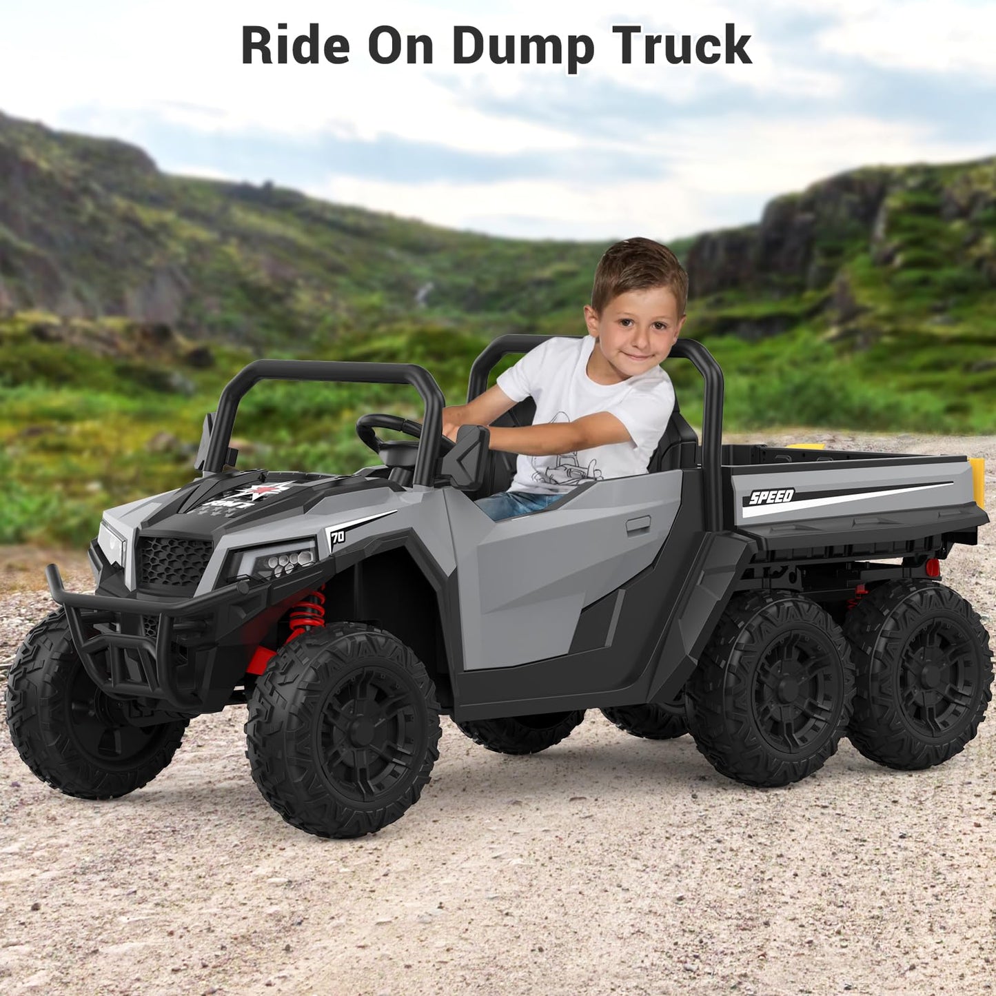 Garvee Ride - P Series: 24V 4WD Electric Ride On Dump Truck with Remote Control, 2-Seater, Music Player, LED Lights, Key Start Safety System, Durable Plastic, Off-Road Kids Toy for Ages 3+ - Grey