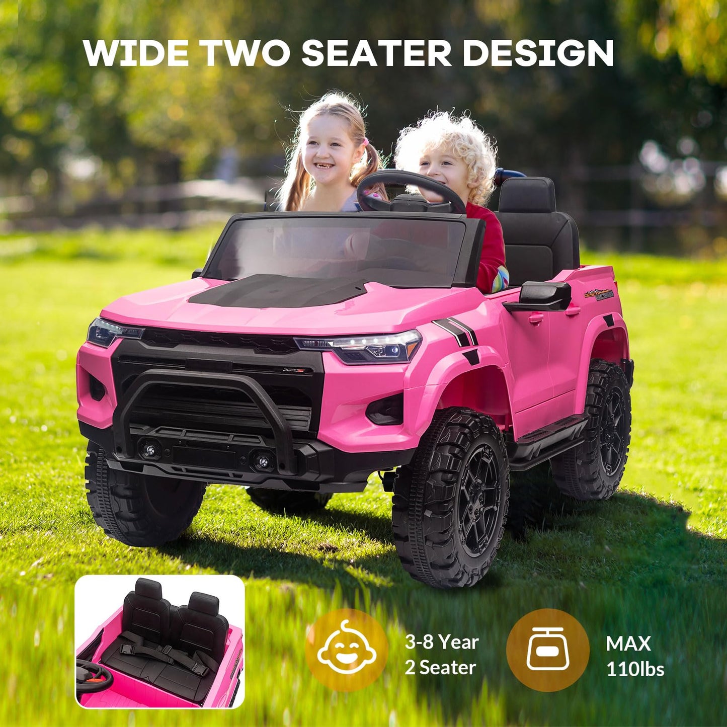Garvee Ride - P Series: 2 Seater Ride on Car Electric Vehicles w/Remote Control, 24V Battery, Dual Drive, LED Lights, Bluetooth, MP3, Kids Electric Vehicles with Spring Suspension, Pink