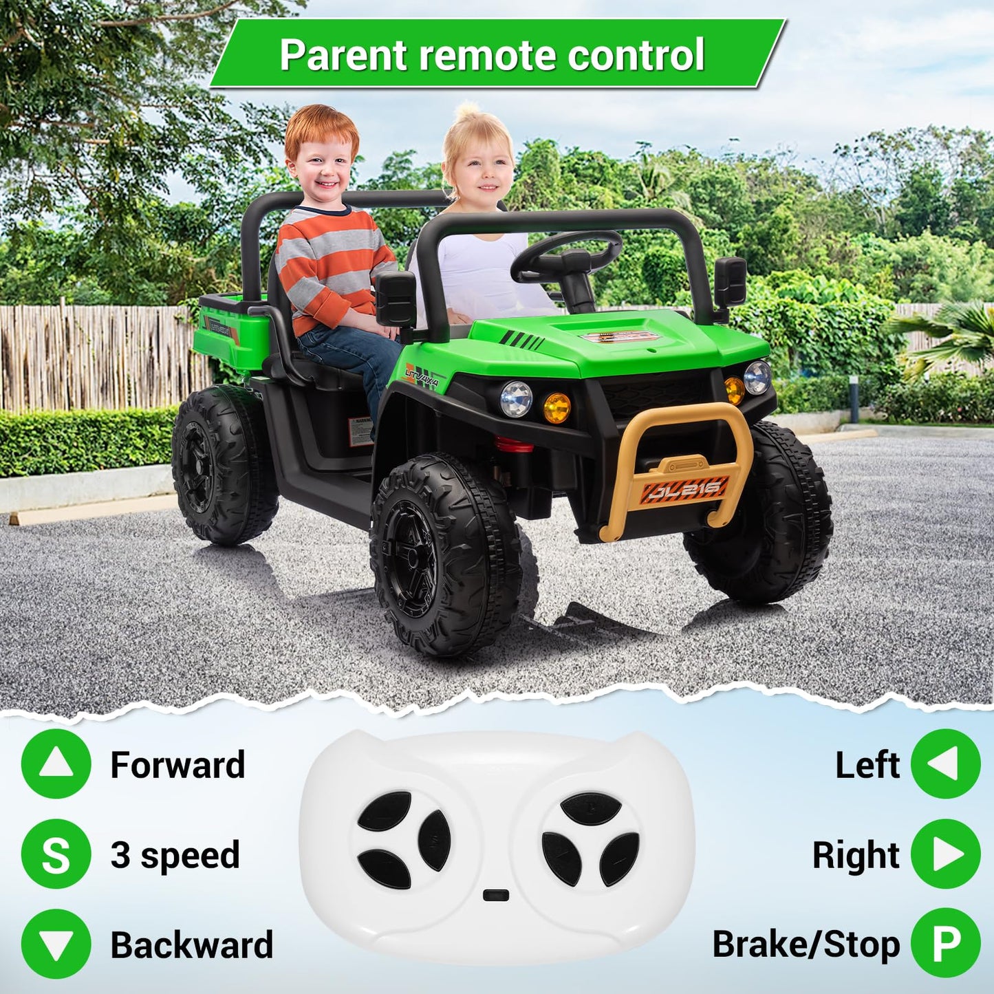 Garvee Ride - P Series: 24v Ride On Dump Truck, 2 Seater Electric Ride On Car Toy for Kids, Battery Powered UTV with 4x35W Motors, Shovel, Bluetooth, Remote Control, Music, LED Lights for Boys & Girls - Green
