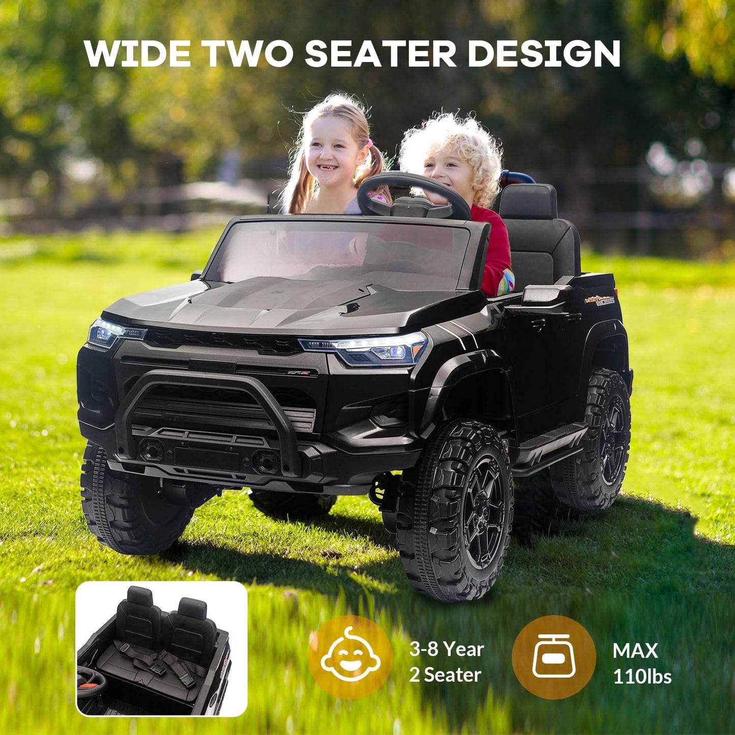 Garvee Ride - P Series: 2 Seater Truck Car Toys, Ride on Car Electric Vehicles w/Remote Control, 24V Battery, Dual Drive, LED Lights, Bluetooth, MP3, Battery Powered Electric Cars for Kids, Black