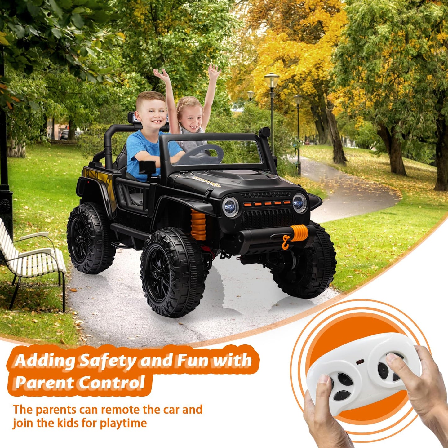 Garvee Ride - P Series: 24V 2 Seater Ride On Truck Car For Kid age 3 - 8 years, w/Remote Control, 4-Wheeler Suspension, 4x55W Powerful Engine, 4WD Battery Powered, LED Lights, Soft Braking - Black