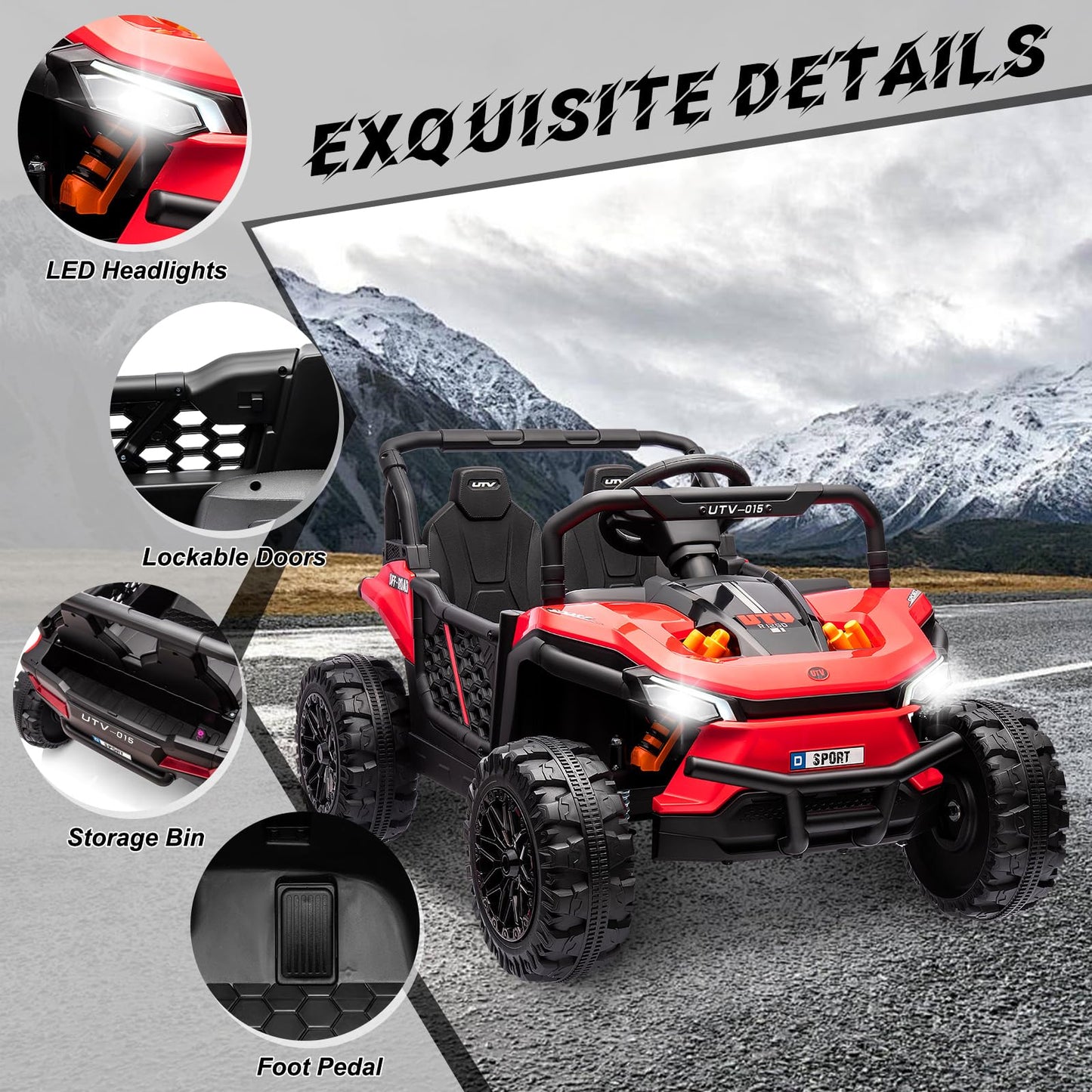 Garvee Ride - P Series: 12V Electric UTV Car with Remote Control, Ride on Truck with Toy Storage, Spring Suspension, LED Headlights, Ride Cars w/4 Wheels, Ride on Toys for Boys Girls, Red