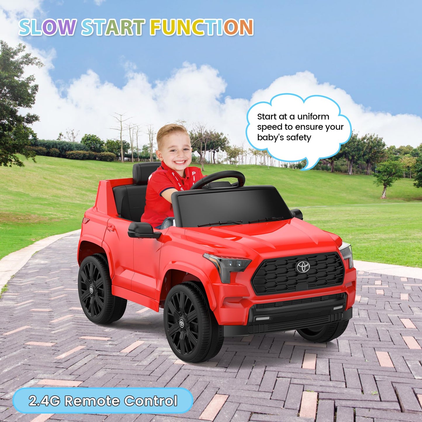 Garvee Ride on Truck Car, 12V Licensed Toyota Electric Cars for Kids, Ride on Toys with Remote Control, Spring Suspension, LED Lights, Bluetooth, 3 Speeds - Red