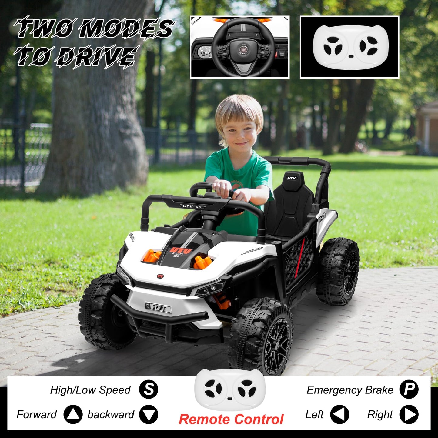 Garvee Ride - P Series: 12V Electric UTV Car with Remote Control, Ride on Truck with Toy Storage, Spring Suspension, LED Headlights, Ride Cars w/4 Wheels, Ride on Toys for Boys Girls, White