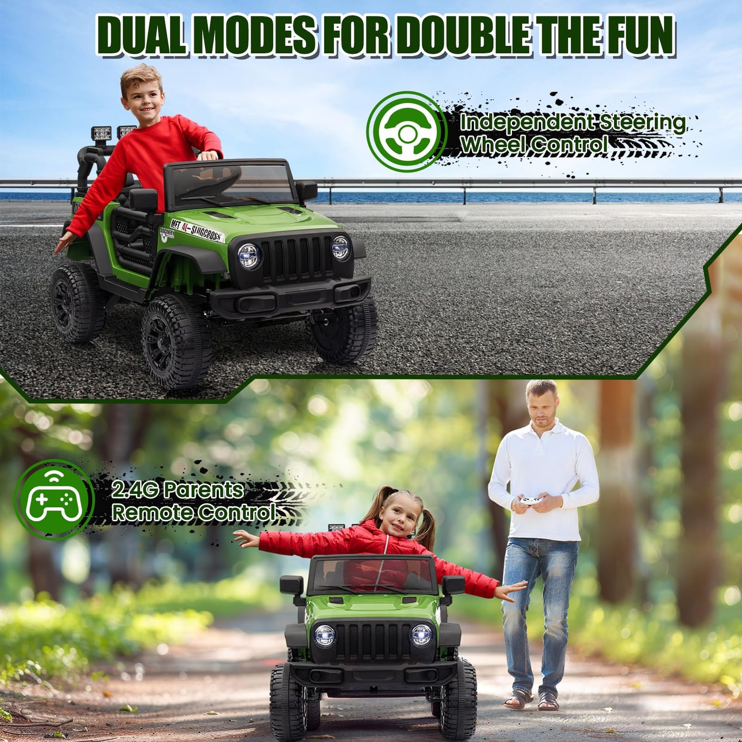 Garvee Ride - P Series: 12V Kids Electric Vehicles with Remote Control, 2 Speeds, Spring Suspension, LED Headlight, Bluetooth, Music, Battery Powered Car for Kids - Green
