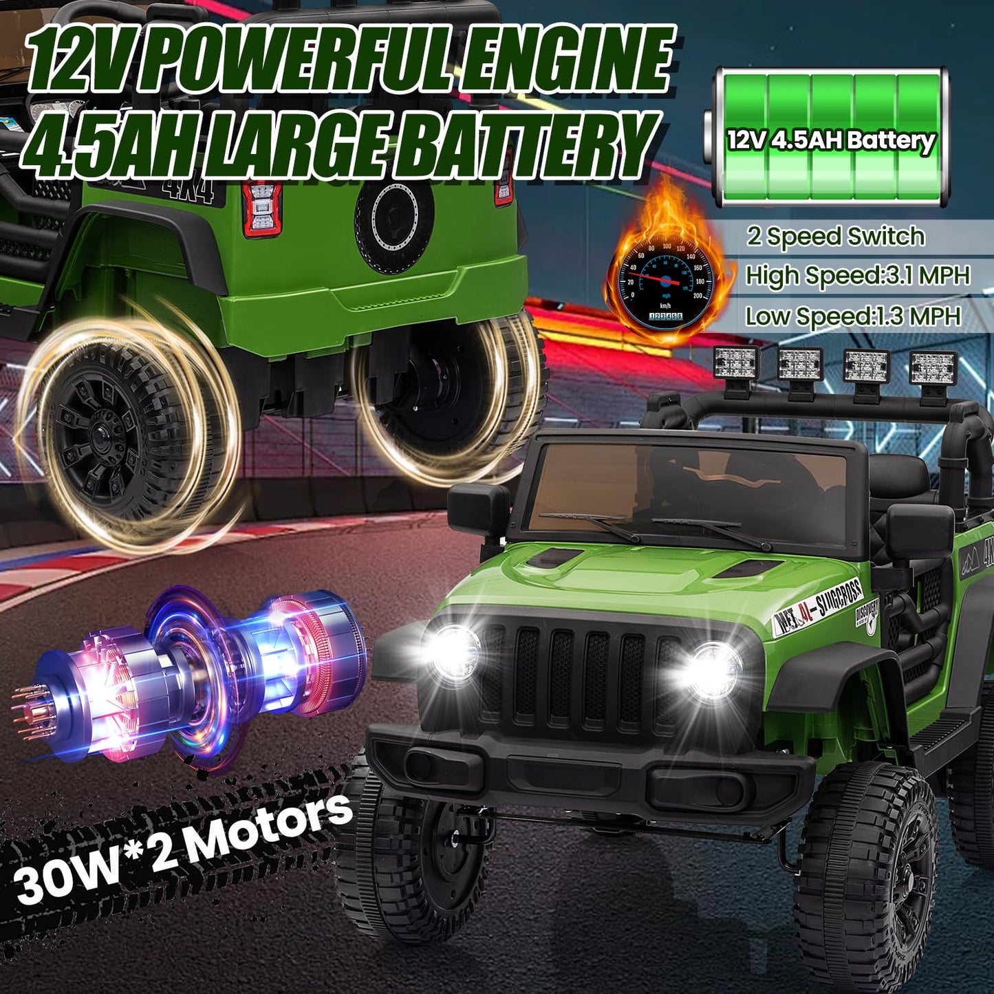 Garvee Ride - P Series: 12V Kids Electric Vehicles with Remote Control, 2 Speeds, Spring Suspension, LED Headlight, Bluetooth, Music, Battery Powered Car for Kids - Green
