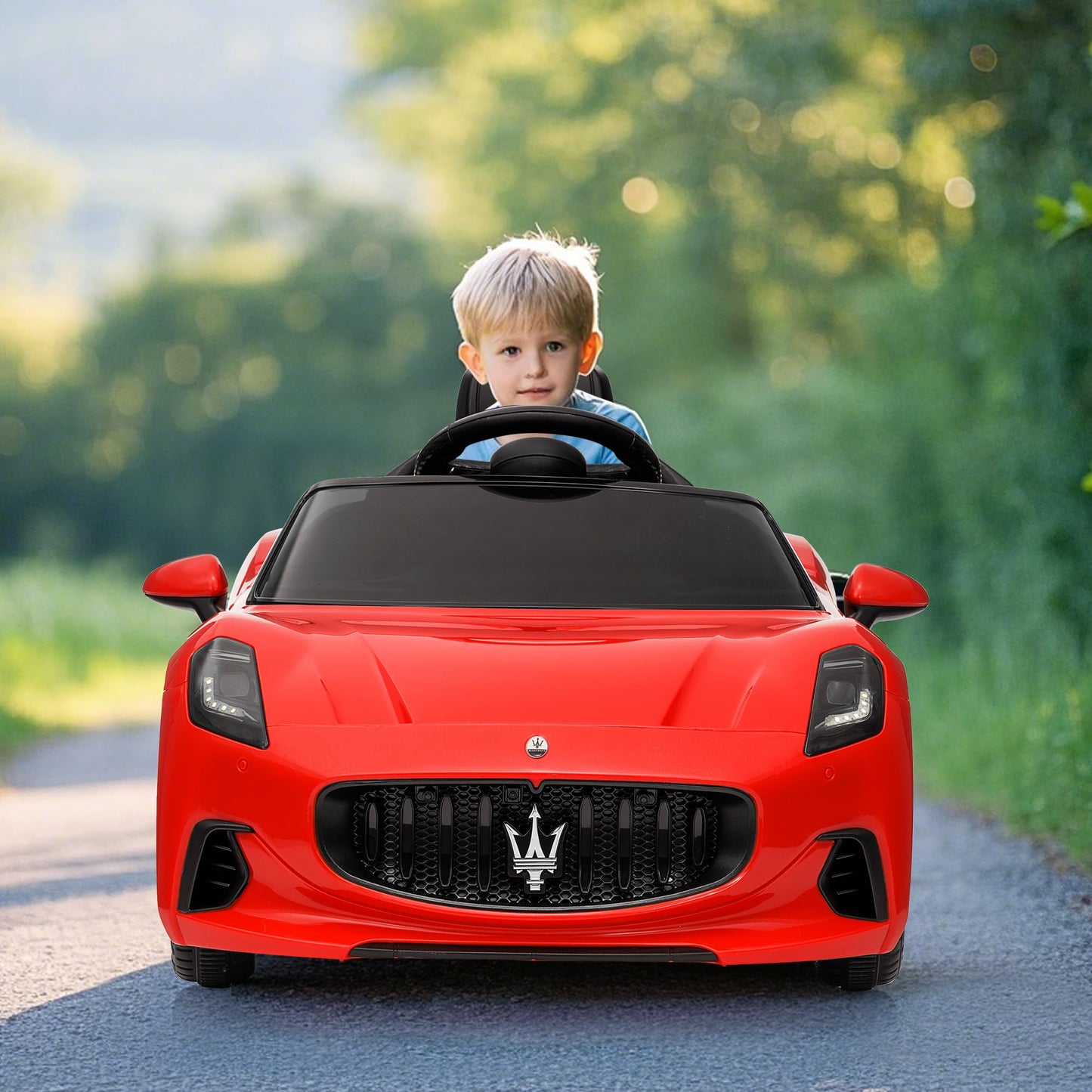 Garvee Ride - P Series: 12V Battery Powered Motorized Car for Kids with Remote Control, Spring Suspension, Double Doors, Bright Lights, 4 Wheel Electric Vehicle, Red