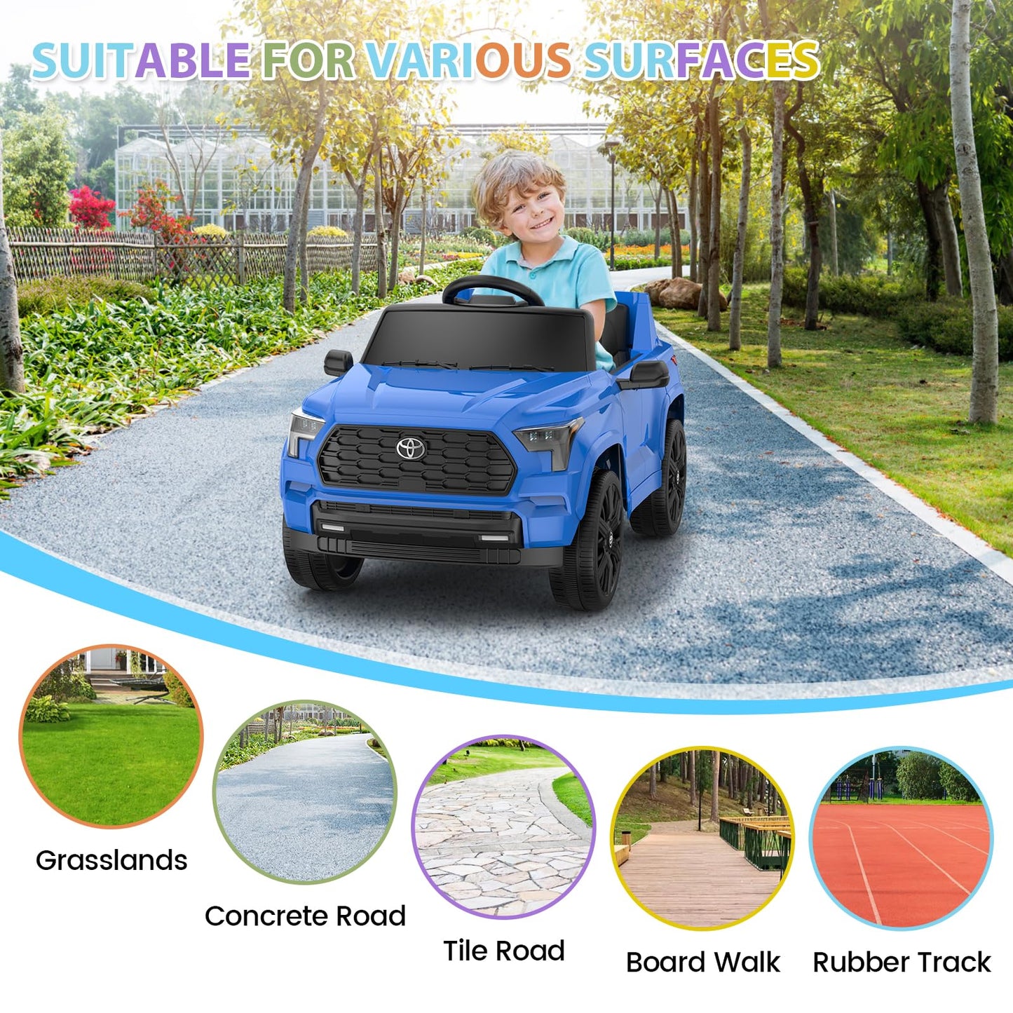 Garvee Ride on Truck Car, 12V Licensed Toyota Electric Cars for Kids, Ride on Toys with Remote Control, Spring Suspension, LED Lights, Bluetooth, 3 Speeds - Blue