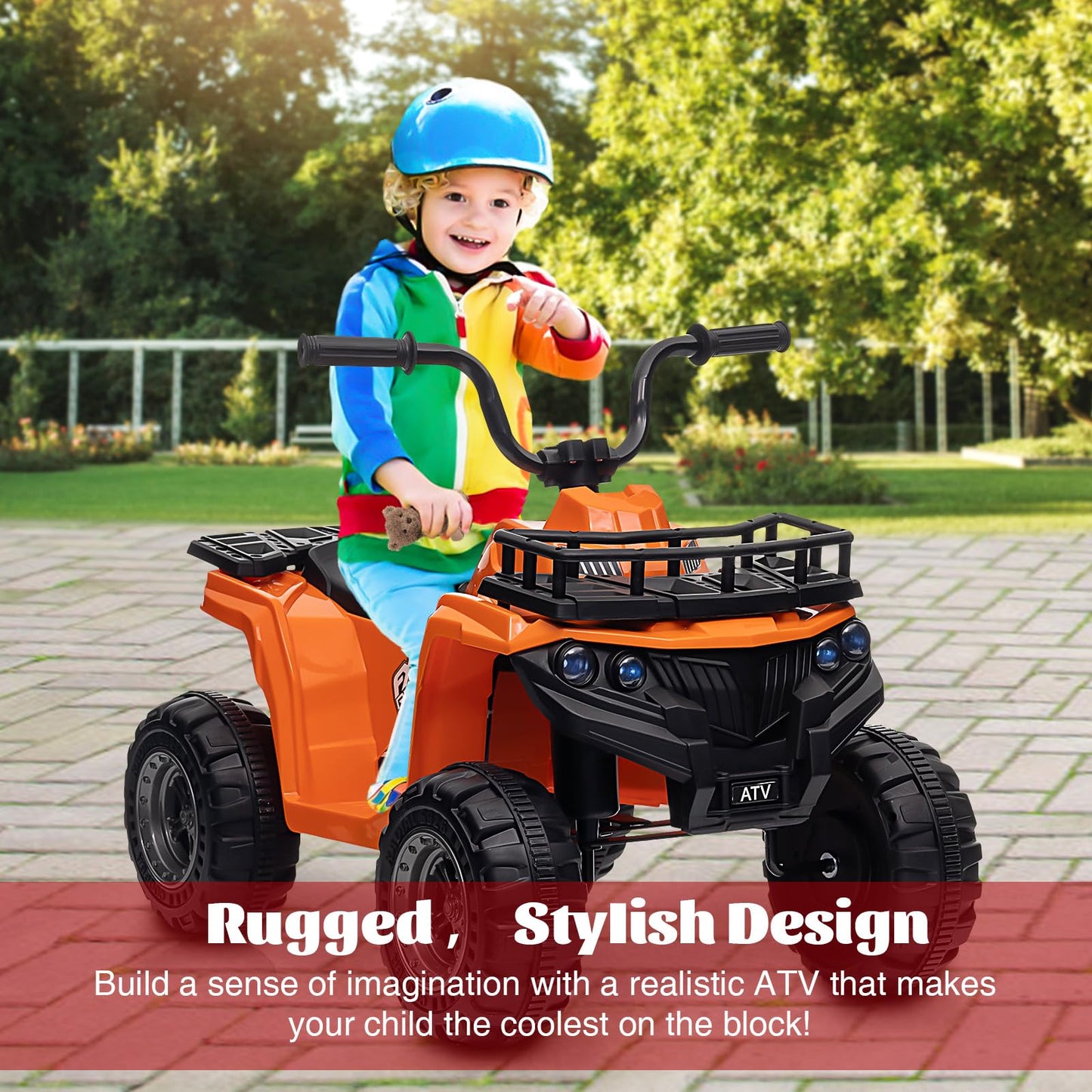 Garvee Ride - P Series: 12V Kids Ride-On Quad ATV: Non-Toxic, Bluetooth, LED, 2 Speeds, All-Terrain, Orange