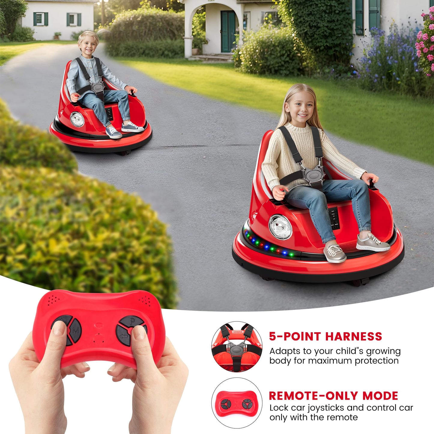 Garvee Ride - P Series: 12V Ride on Toddler Bumping Car W/Remote Control, LED Lights & 360 Degree Spin, ASTM Certified - Red