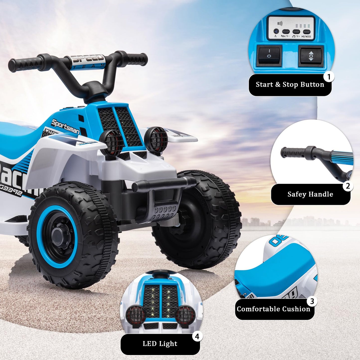 Garvee Ride - P Series: 6V Kids Ride On Electric Quad ATV, Ride Car with LED Headlights, Ride-On Toy for Toddlers 1-3 Boys & Girls with Music, Forward & Reverse - Blue and white