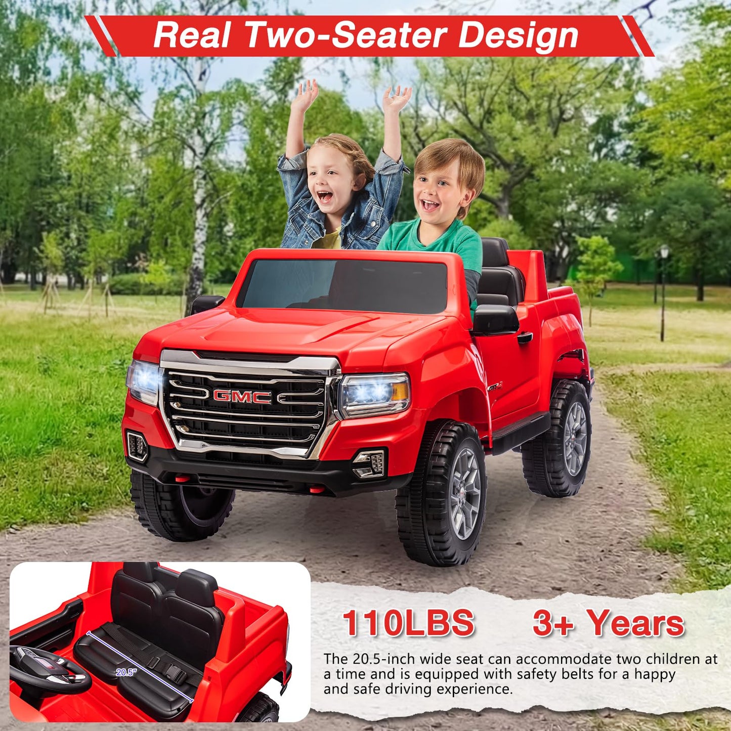 Garvee Ride - P Series: 24V 2-Seater Ride On Truck Car, Licensed GMC Battery Powered Electric Kids Car with Remote Control, LED Lights, MP3, 2 * 200W Motor, 20.5" Large Seat, Ride On Toys for Kids
