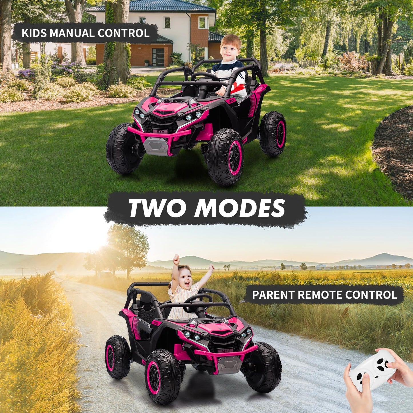Garvee Ride - P Series: 24V Ride On Utv For Kids,2 Seater 4WD Electric Truck With Remote Control, High And Low Speed Adjustment, Led Lights, 4 Shock Absorbersm,One Click Start, Music Player(Rose)