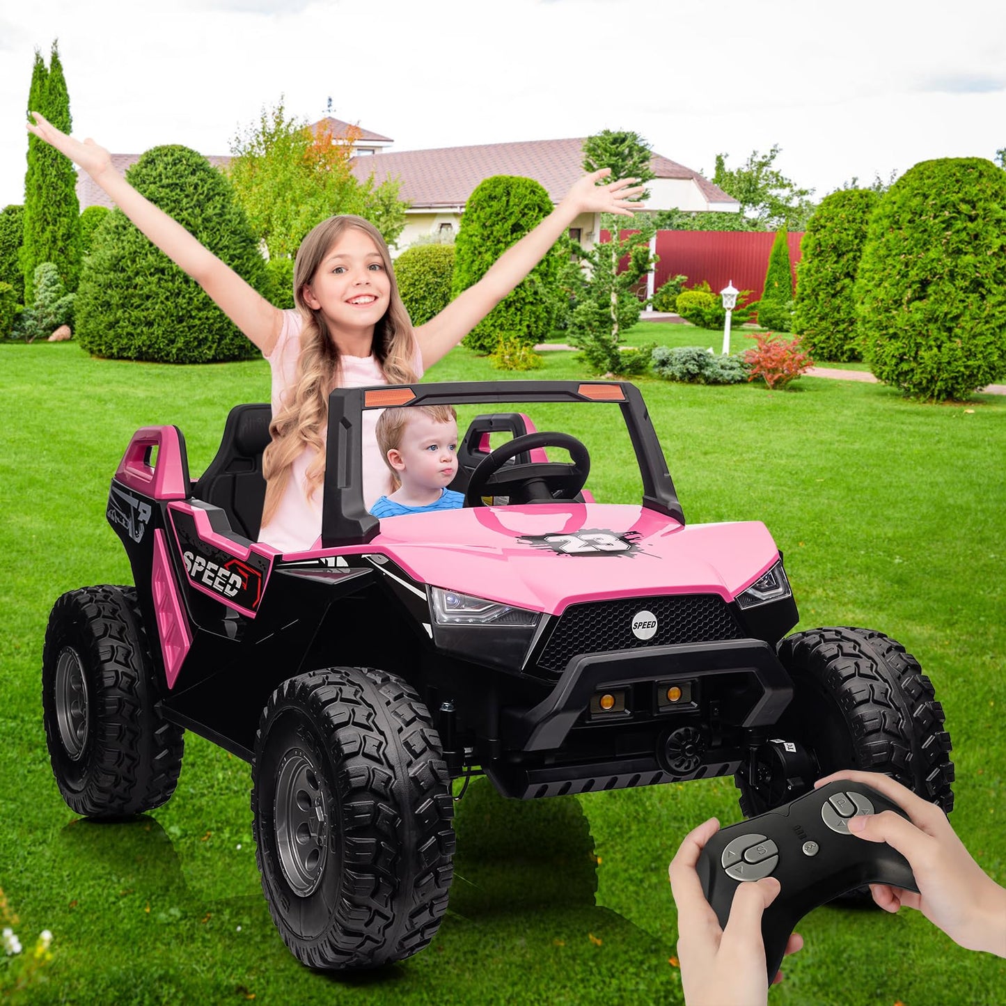 Garvee Ride - P Series: 24V 2-Seater Ride-On UTV: Remote Control, 4WD Motors, 21" Seats + Foldable Seat, 15.4" EVA Wheels, Music, LED Lights, 140lb Max Load - Pink