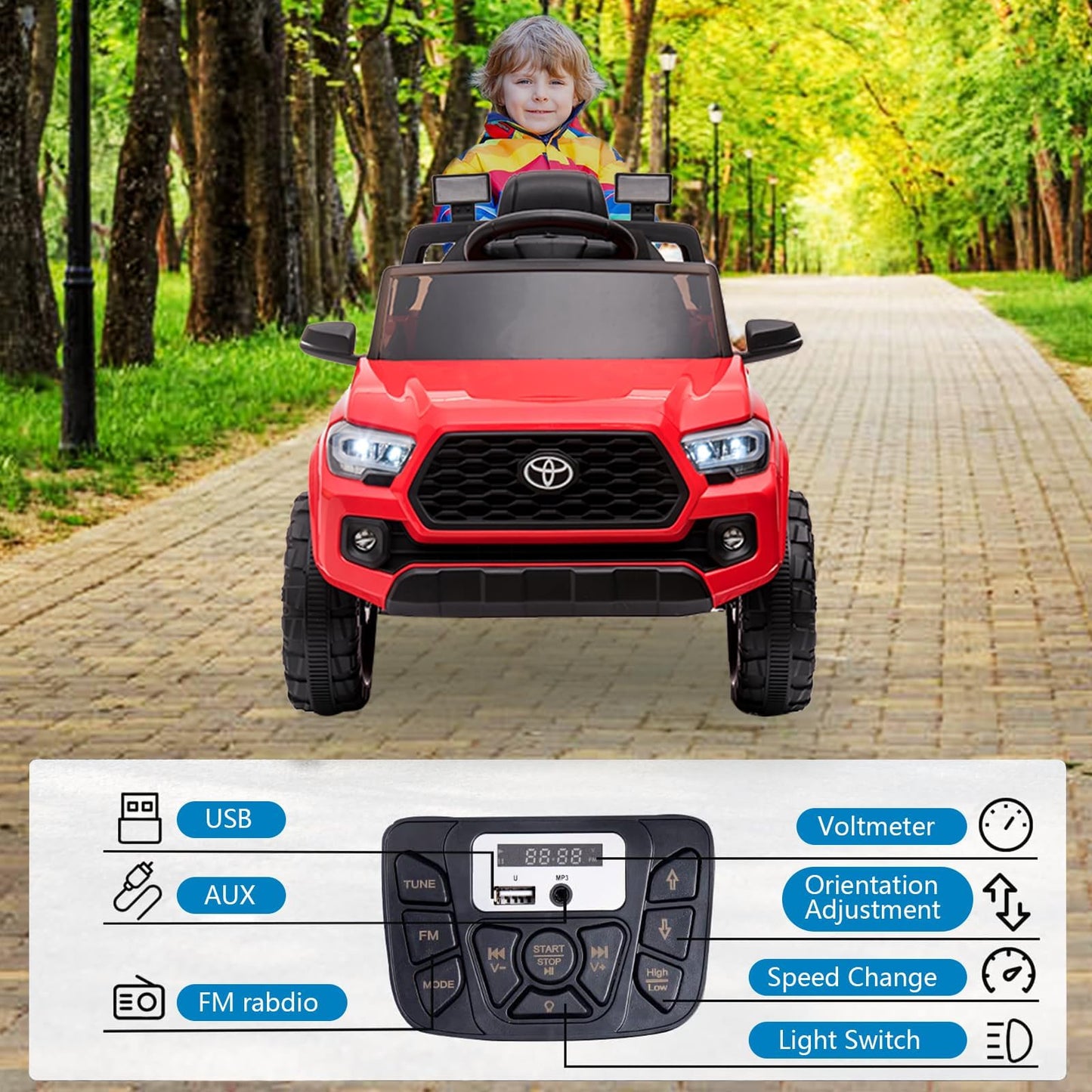 Garvee Ride - P Series: 12V Toyota Tacoma Kids Car, Spring Suspension, with LED Light - Red