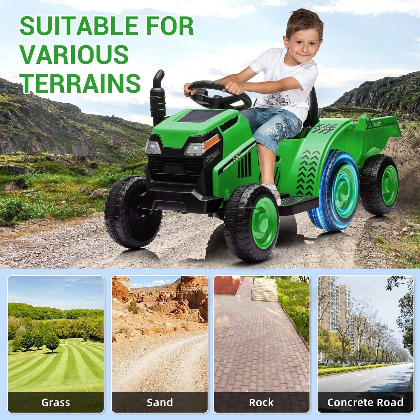 Garvee Ride - P Series: Kids Ride on Tractor with Trailer, Kids’ Electric Vehicles with Wear-Resistant Wheels, LED Headlights, Music & USB Port, Kids Ride on Car Toys for Toddlers Kids, Green