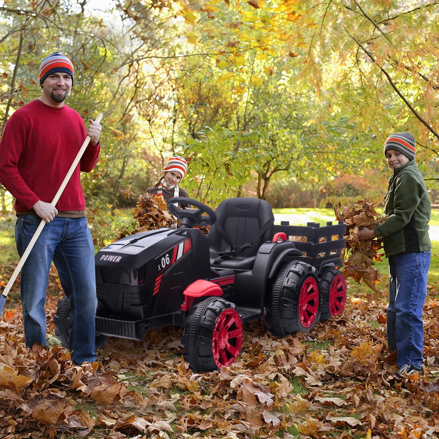 Garvee Ride - P Series: 12V Kids Ride On Tractor with Trailer, LED Lights for Boy Girl - Black