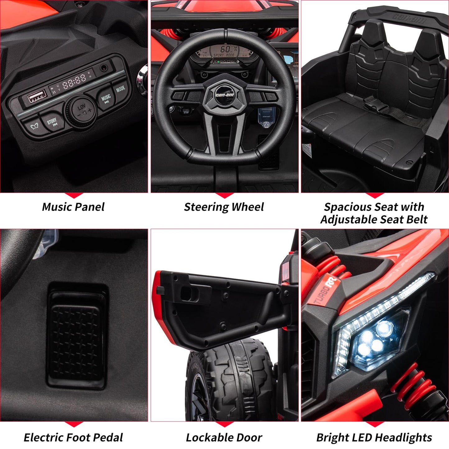 Garvee Ride - P Series: 12V Can-Am Ride-On UTV: Remote Control, Large Seat, Music, LED Lights, Spring Suspension, for Boys & Girls - Red